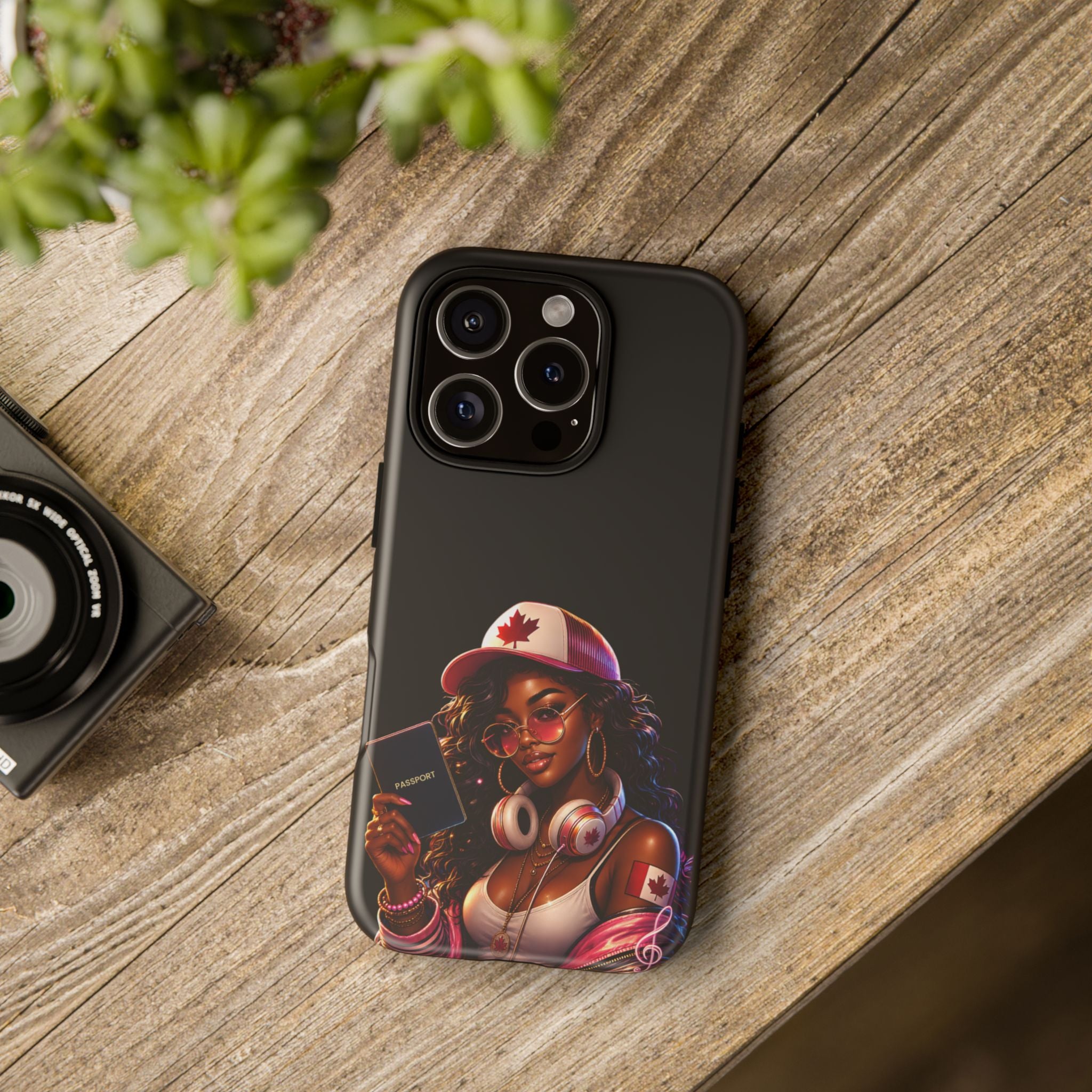Canadian Vibes Phone Case — Afrobeat Girl with Headphones & Passport Design