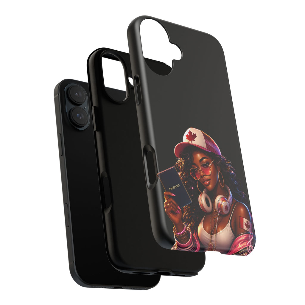 Canadian Vibes Phone Case — Afrobeat Girl with Headphones & Passport Design