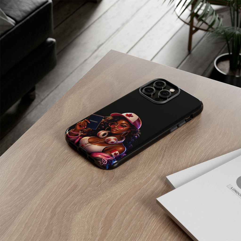 Canadian Vibes Phone Case — Afrobeat Girl with Headphones & Passport Design