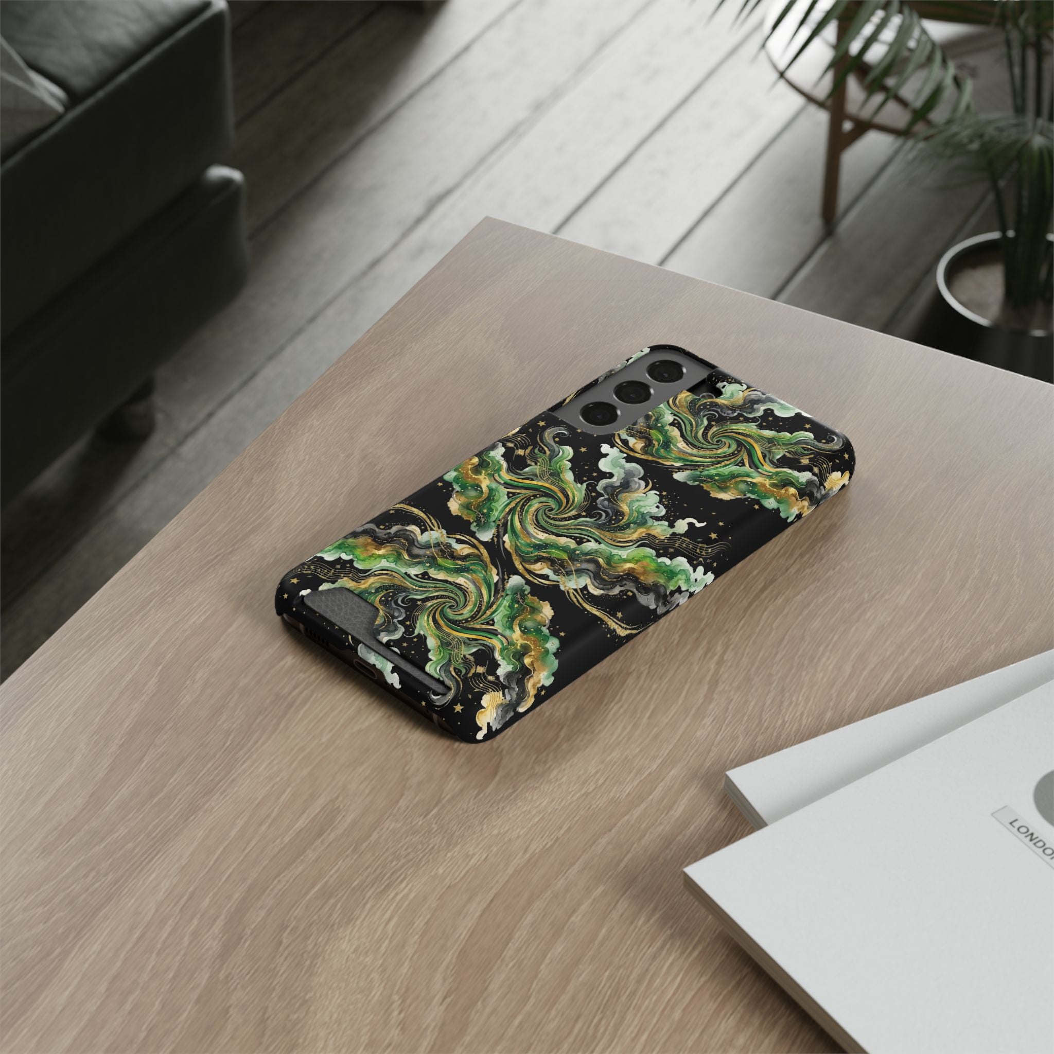 Card Holder Phone Case — Abstract Green Marble Swirl Design