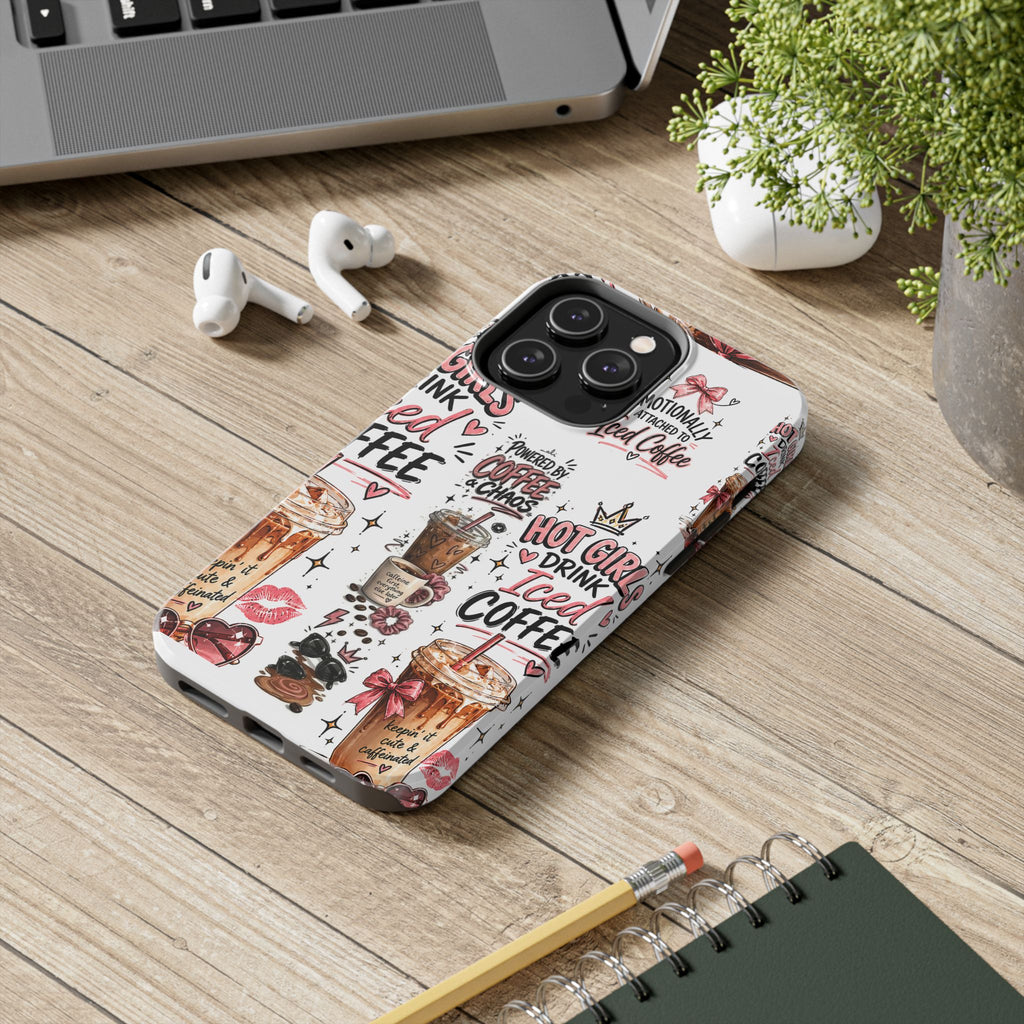 Iced Coffee Pattern Phone Case – "Powered by Coffee & Chaos" Tough Protective Case
