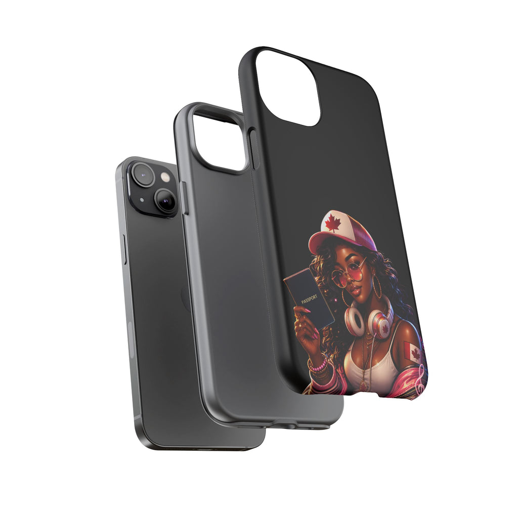 Canadian Vibes Phone Case — Afrobeat Girl with Headphones & Passport Design