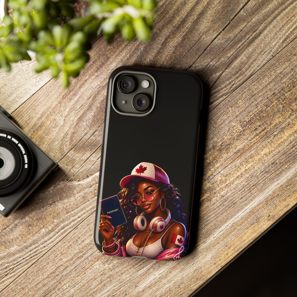 Canadian Vibes Phone Case — Afrobeat Girl with Headphones & Passport Design