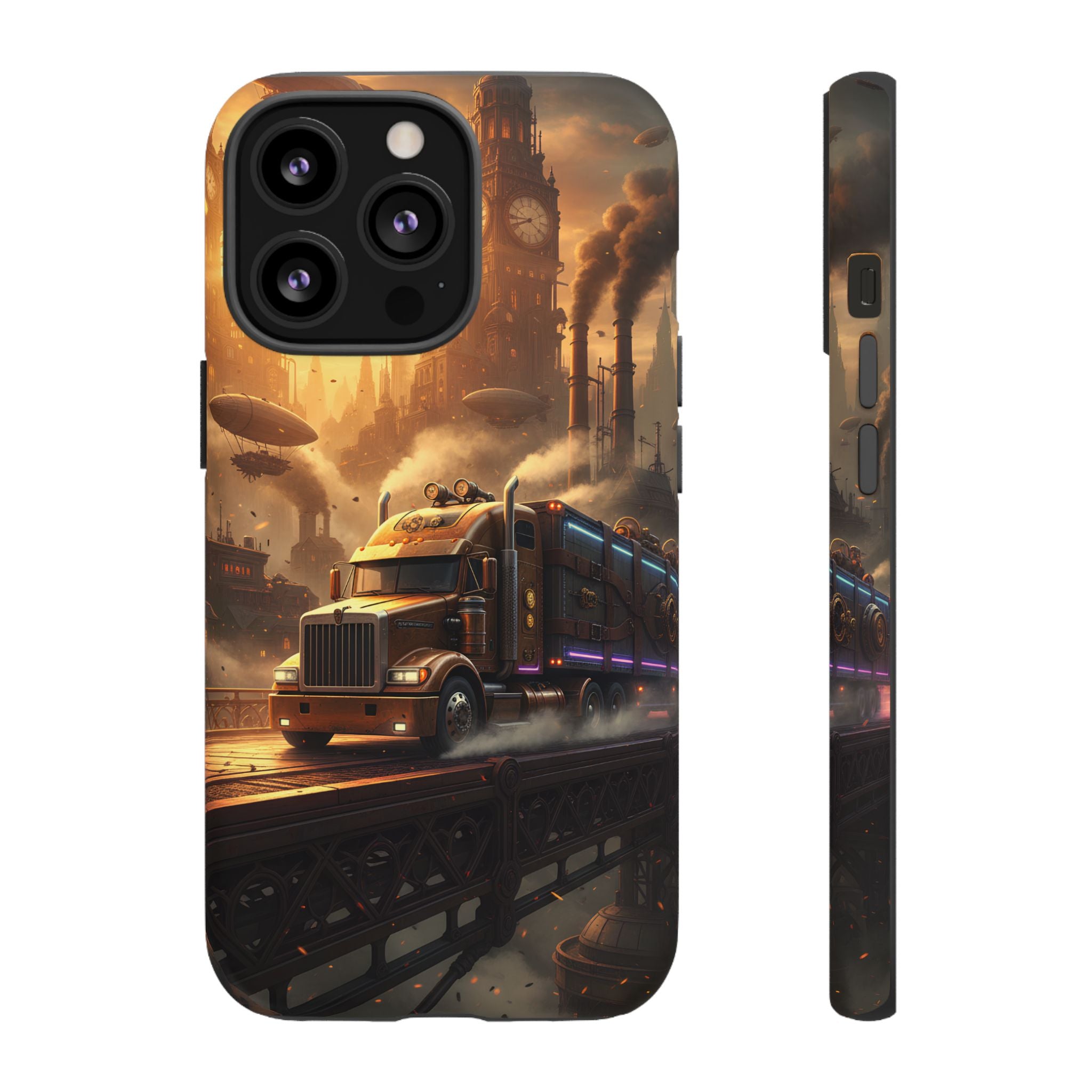 Steampunk Freightliner Phone Case — Rugged Trucking Cityscape iPhone Cover