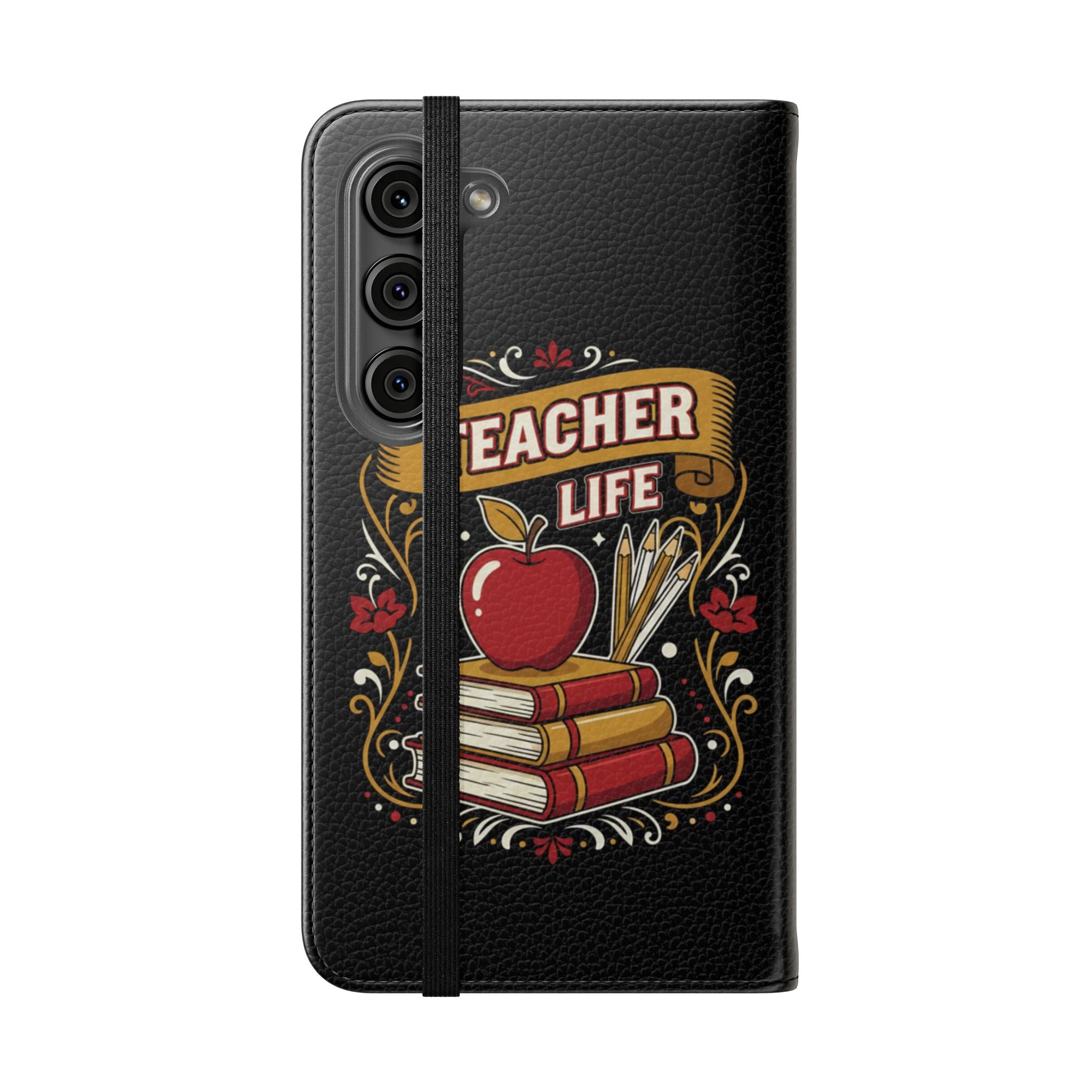Teacher Life Flip Phone Case – Wallet Folio with Apple & Books Design