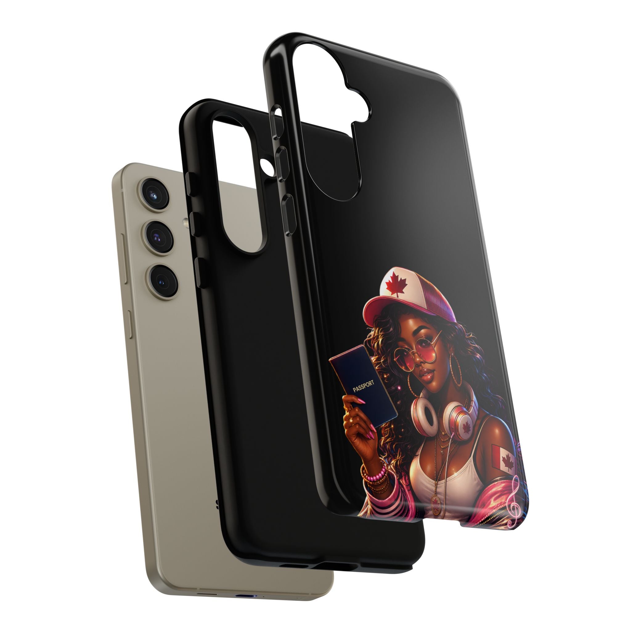 Canadian Vibes Phone Case — Afrobeat Girl with Headphones & Passport Design