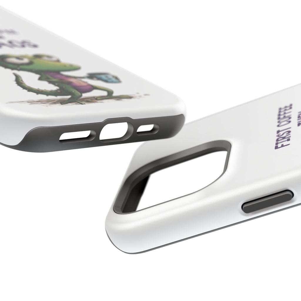 Impact-Resistant Phone Case — "First Coffee Then Chaos" Cute Lizard Coffee Design