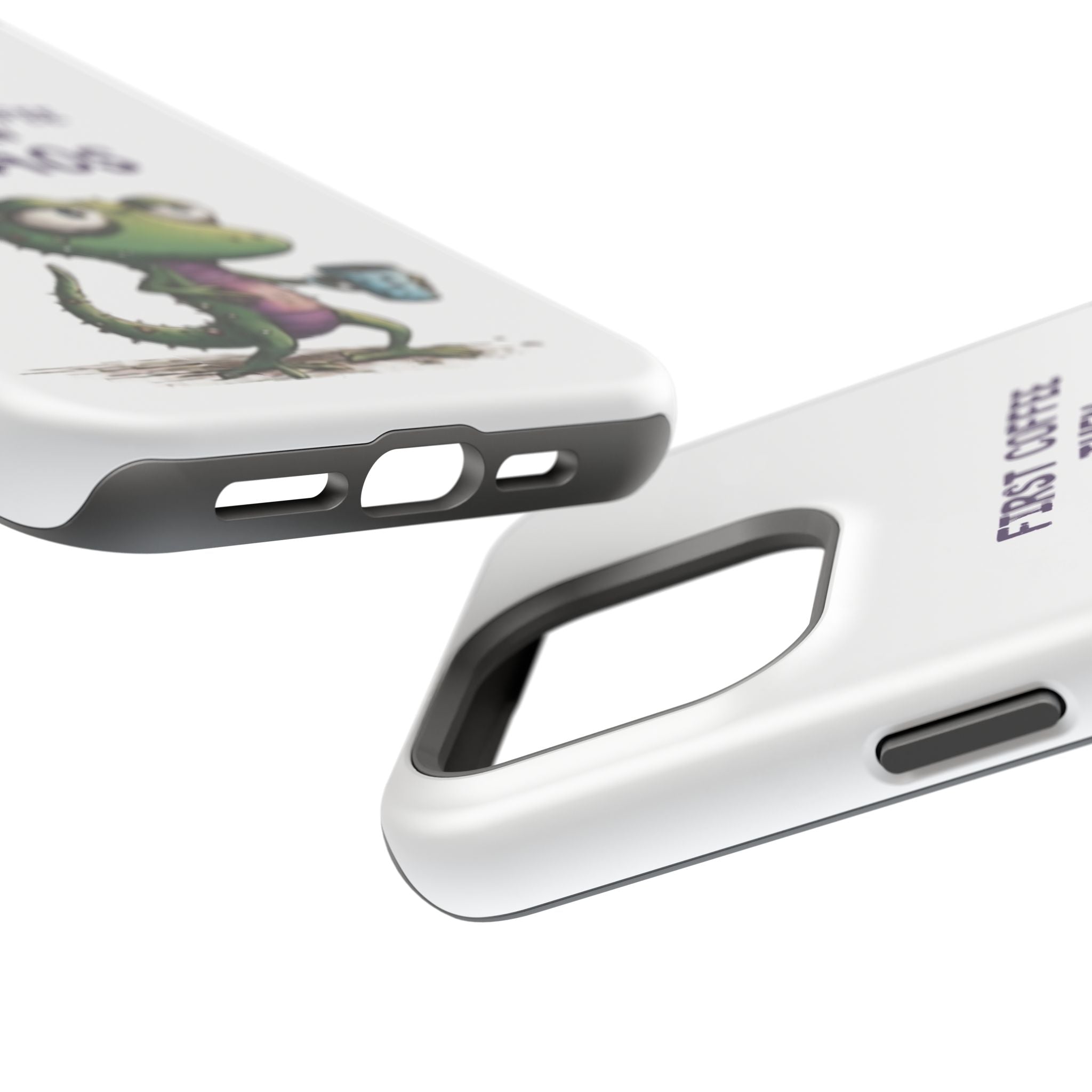 Impact-Resistant Phone Case — "First Coffee Then Chaos" Cute Lizard Coffee Design
