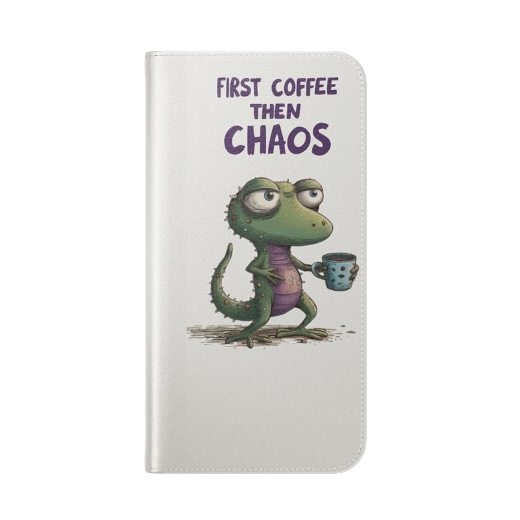 Flip Case — "First Coffee Then Chaos" Cute Dino Phone Wallet