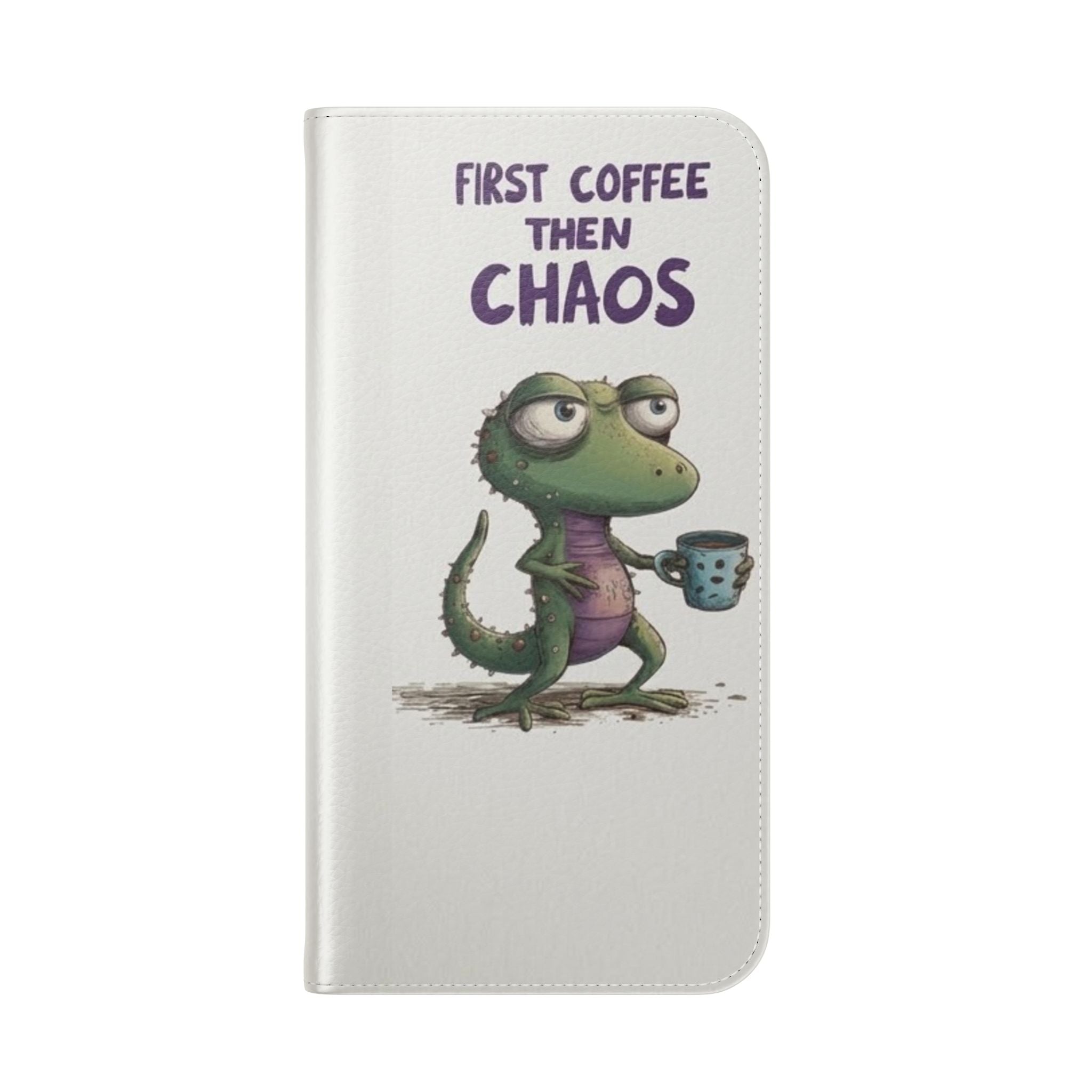 Flip Case — "First Coffee Then Chaos" Cute Dino Phone Wallet