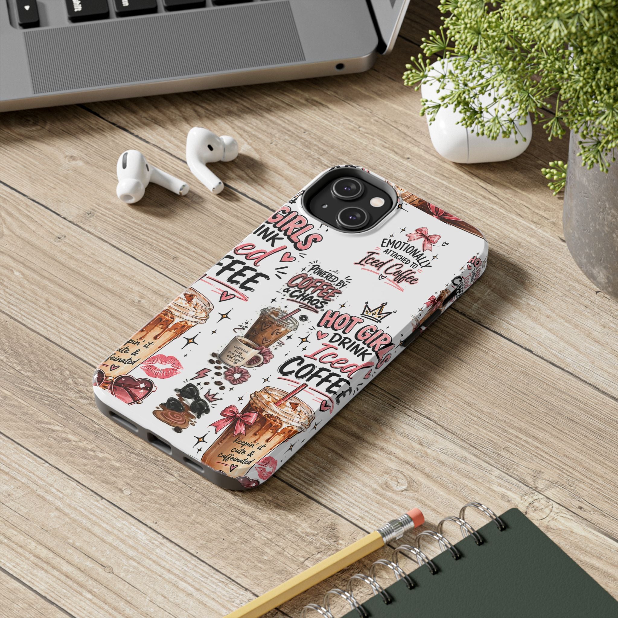 Iced Coffee Pattern Phone Case – "Powered by Coffee & Chaos" Tough Protective Case