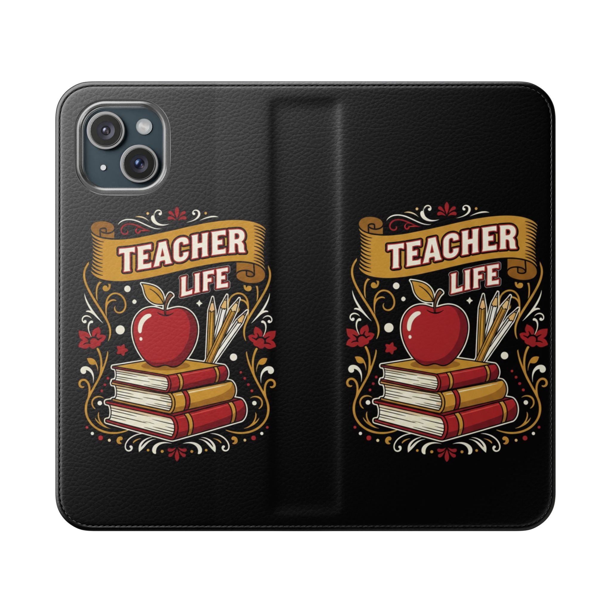 Teacher Life Flip Phone Case – Wallet Folio with Apple & Books Design