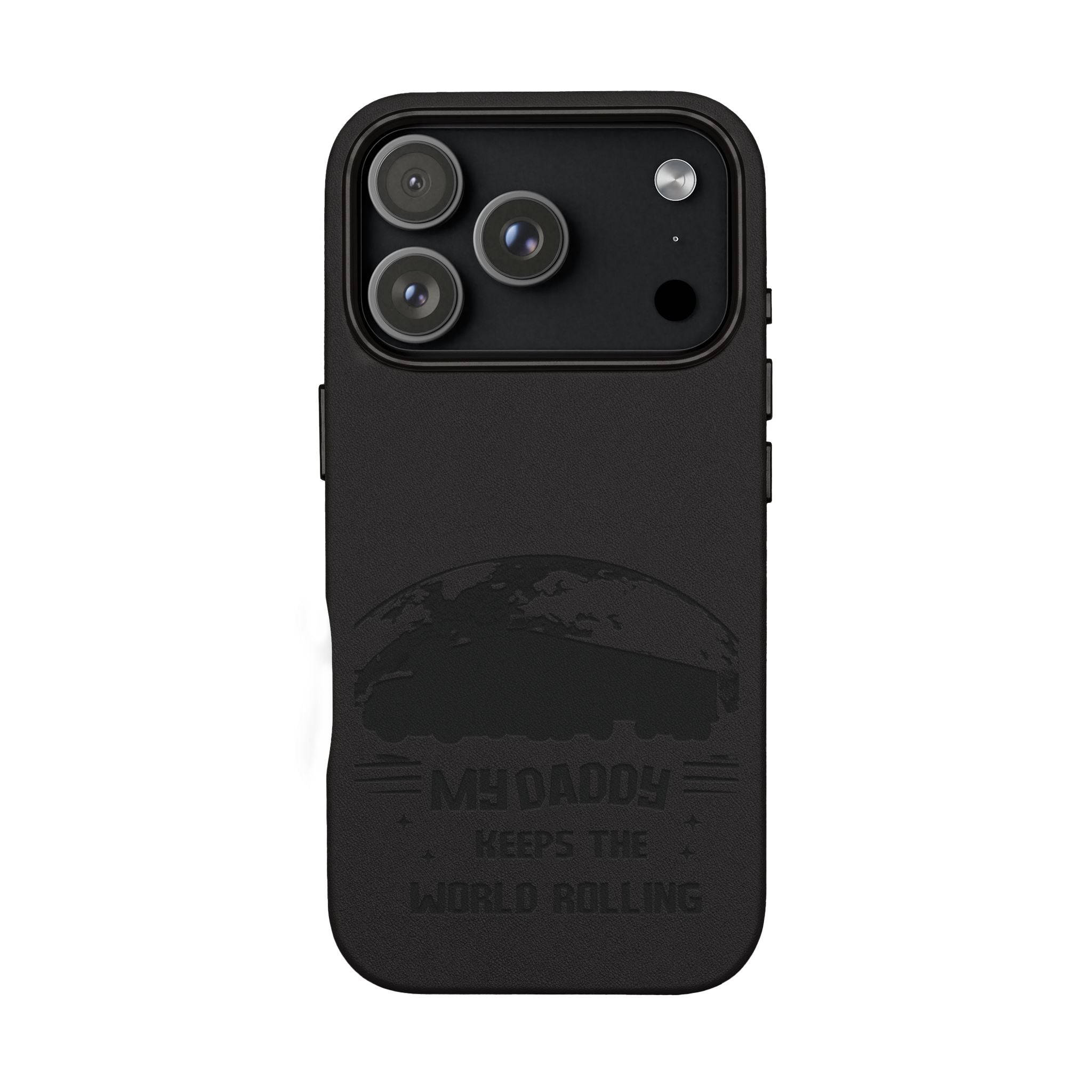 Engraved PU Leather Phone Case — 'Mhdaddy Keeps the World Rolling' Vintage Van Design
