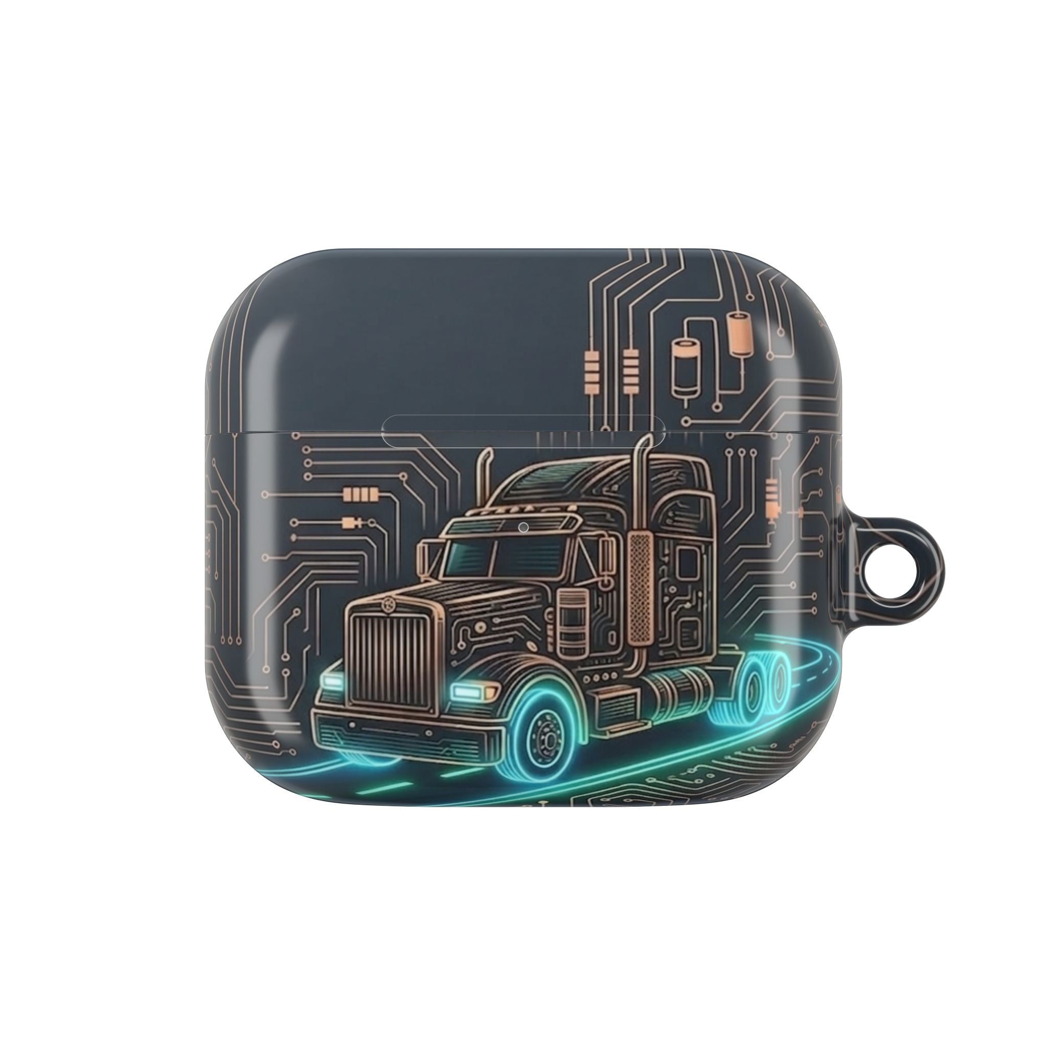 Trucker Tech AirPods Case — Neon Semi Truck Circuit Design