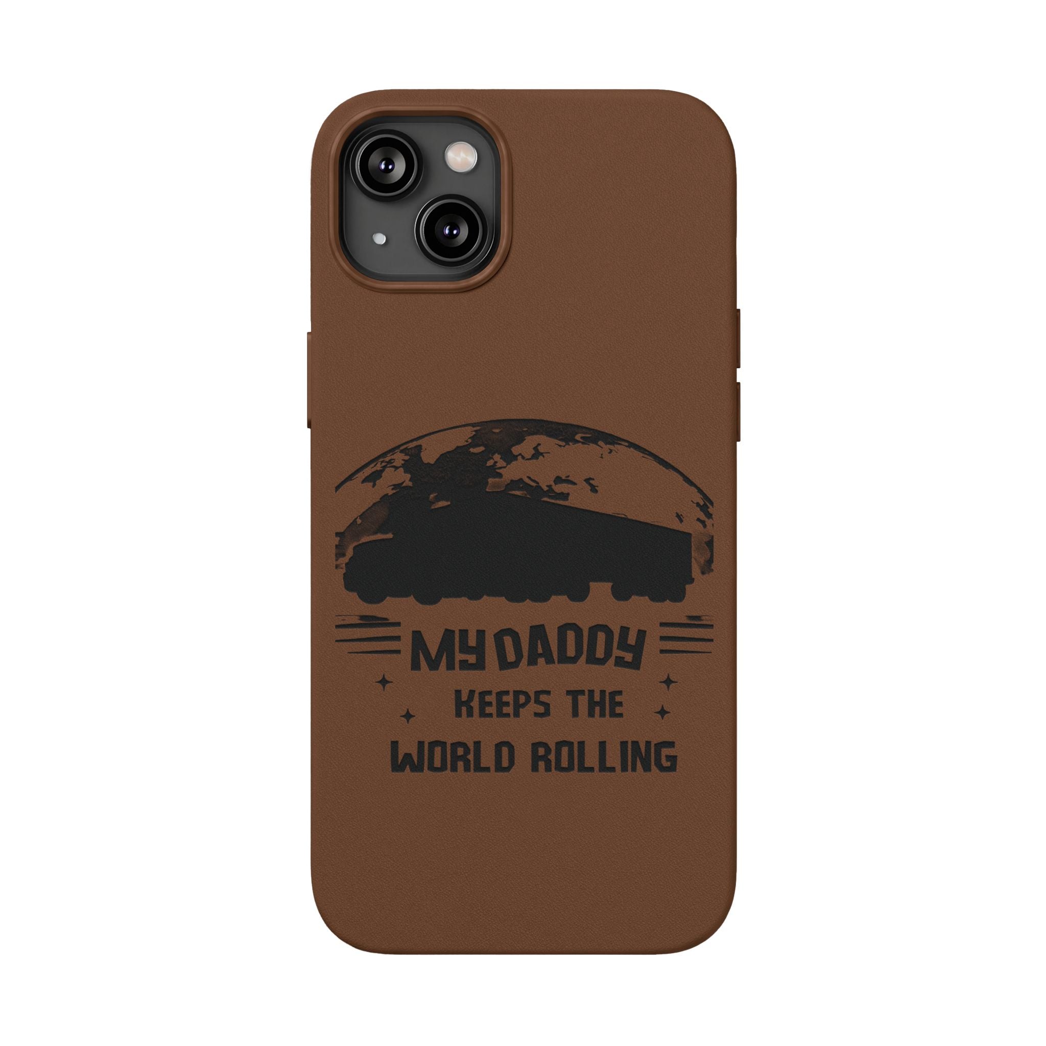 Engraved PU Leather Phone Case — 'Mhdaddy Keeps the World Rolling' Vintage Van Design
