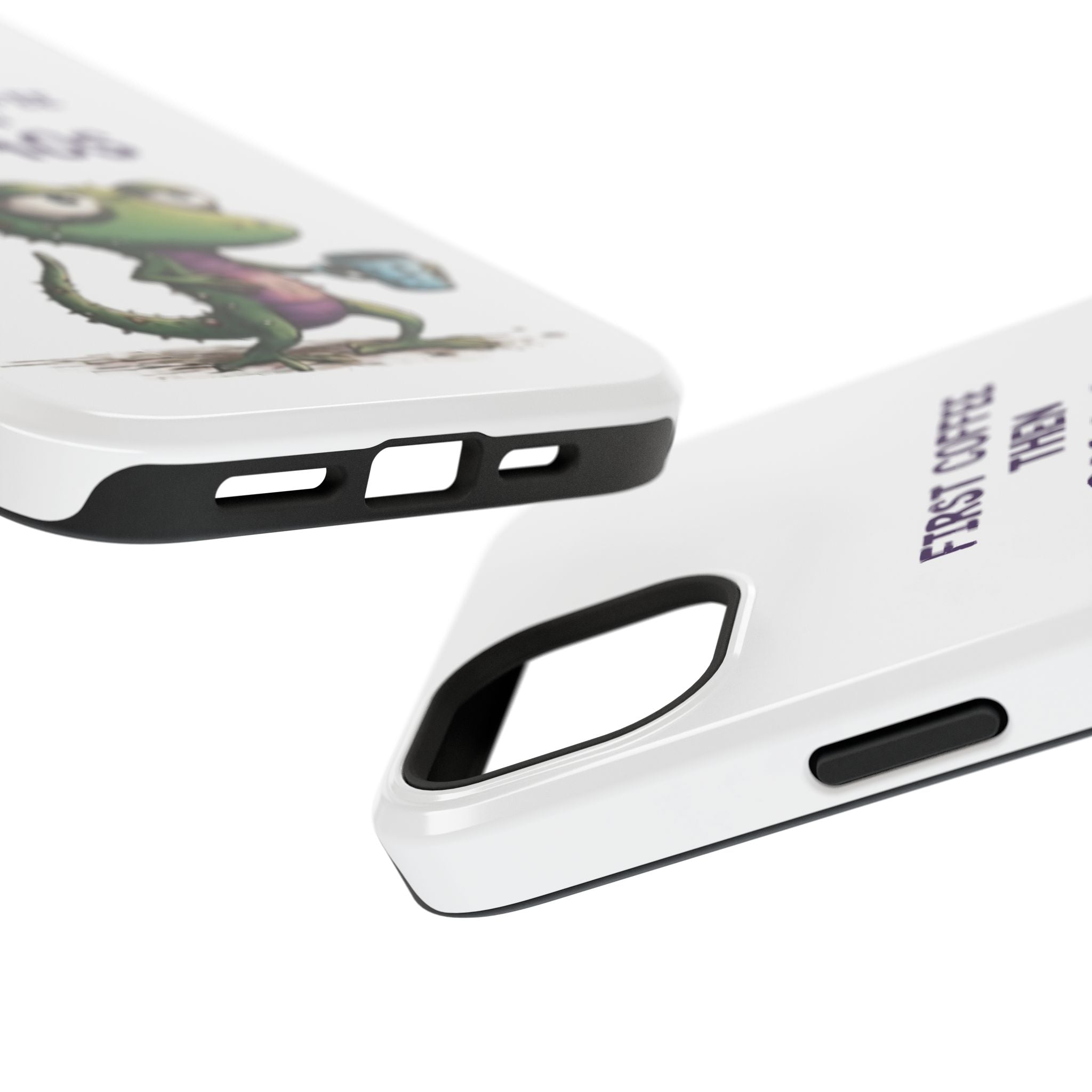 Impact-Resistant Phone Case — "First Coffee Then Chaos" Cute Lizard Coffee Design