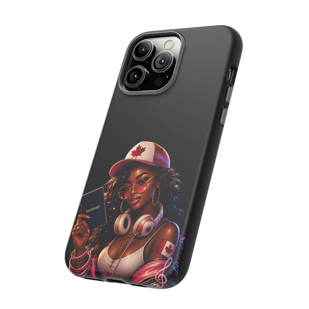Canadian Vibes Phone Case — Afrobeat Girl with Headphones & Passport Design