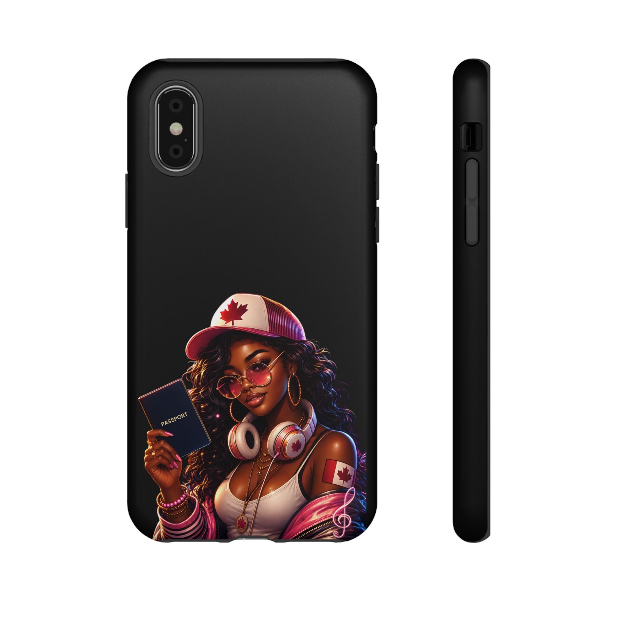 Canadian Vibes Phone Case — Afrobeat Girl with Headphones & Passport Design