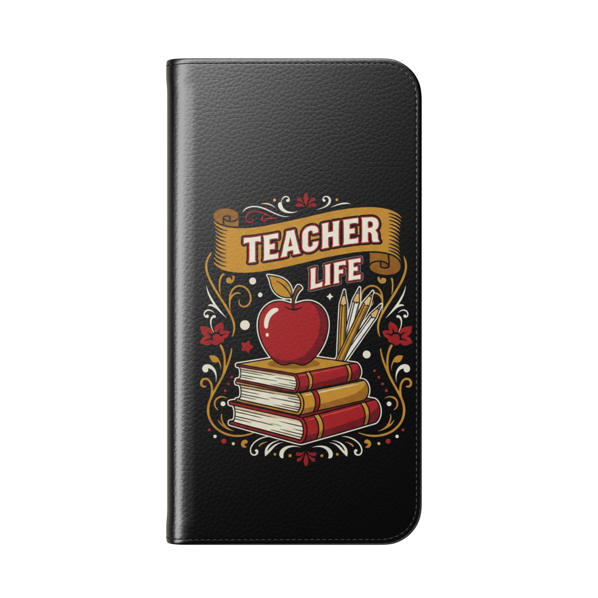 Teacher Life Flip Phone Case – Wallet Folio with Apple & Books Design
