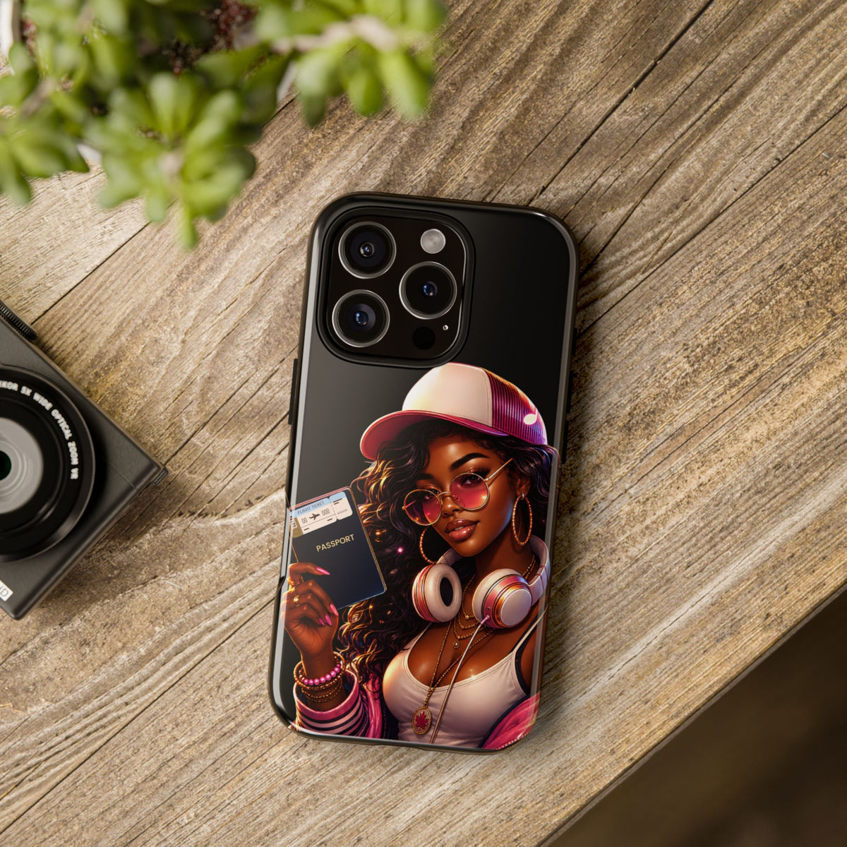 Tough Case – Stylized Urban Girl Phone Case with Headphones & Passport