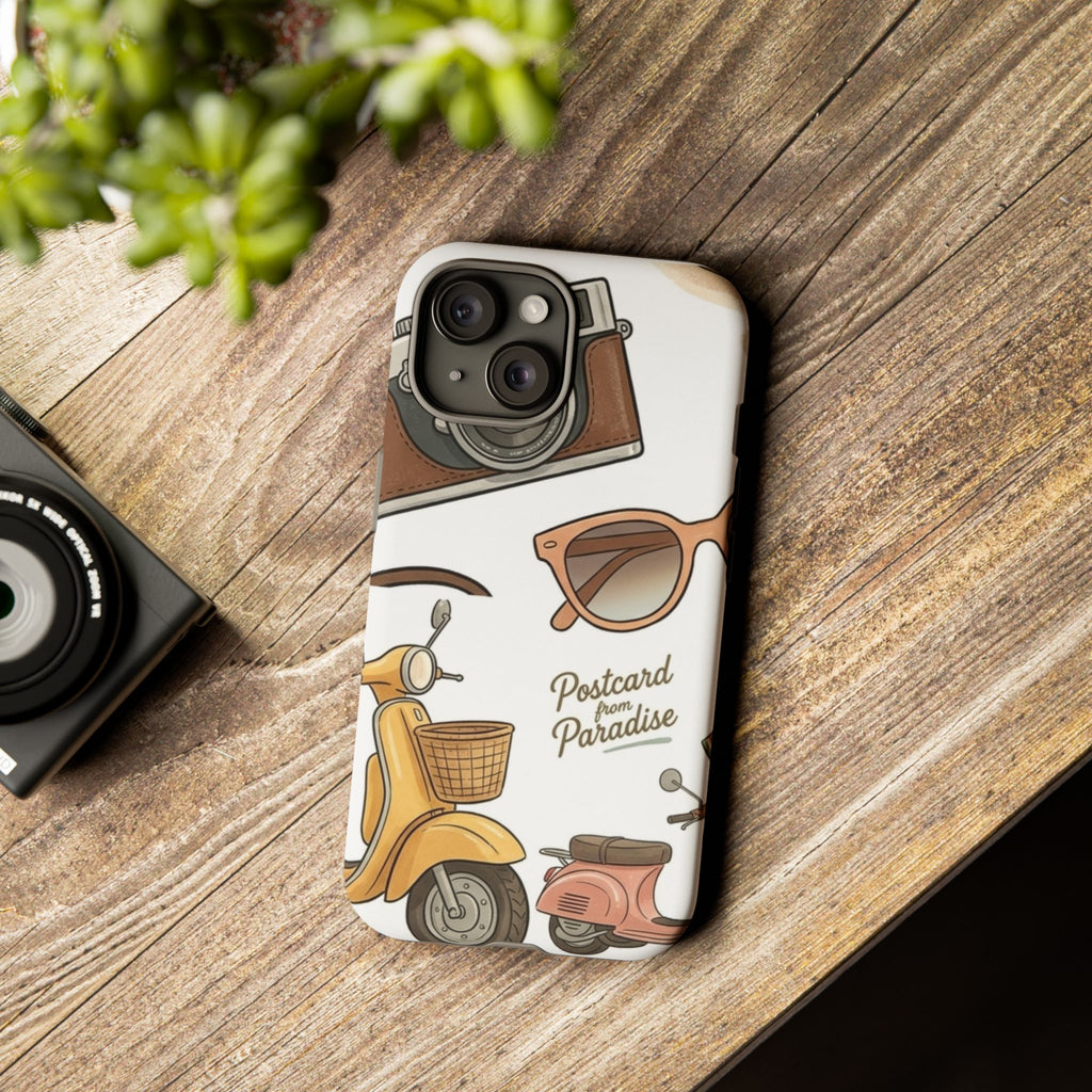 Vintage Summer Beach Phone Case — Feminine Travel Pattern with Cameras, Sunglasses & Scooter