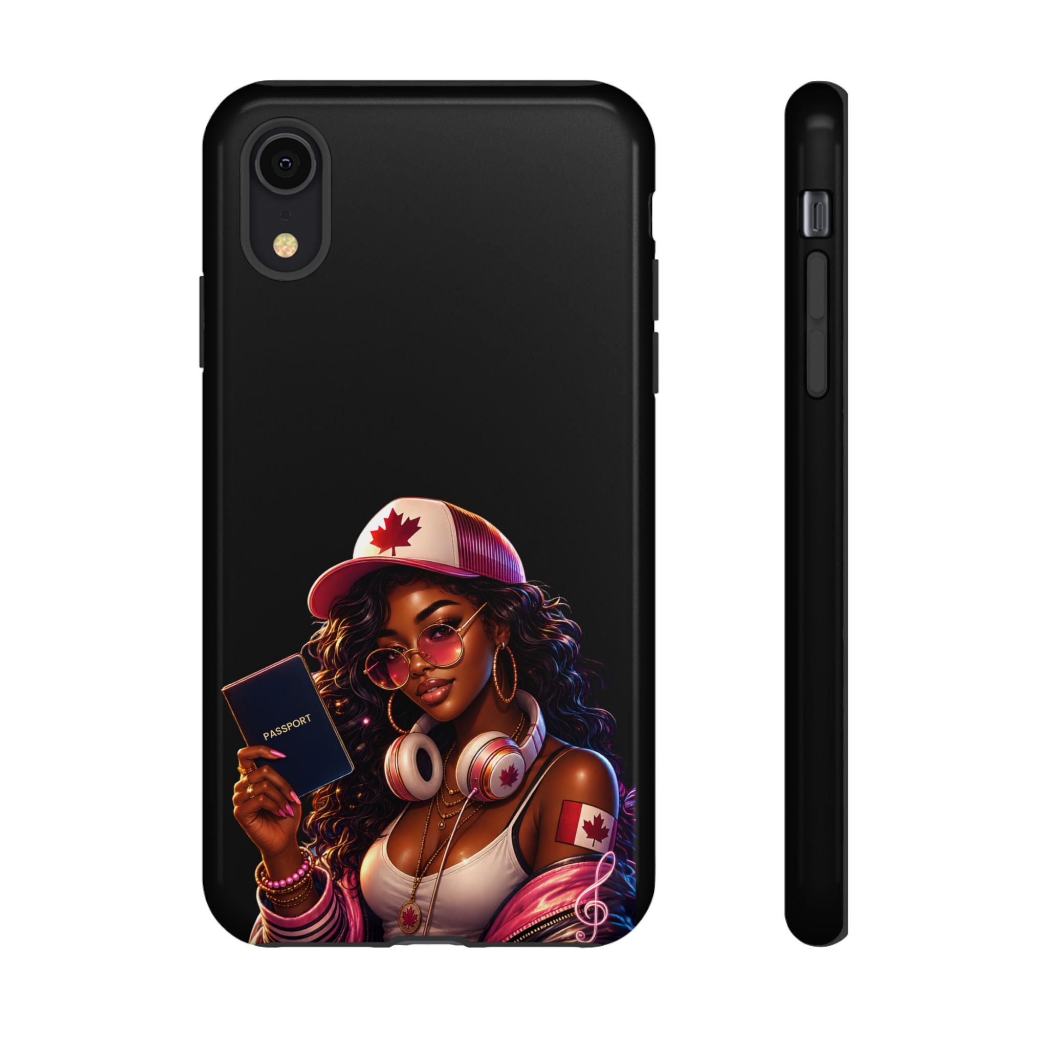 Canadian Vibes Phone Case — Afrobeat Girl with Headphones & Passport Design