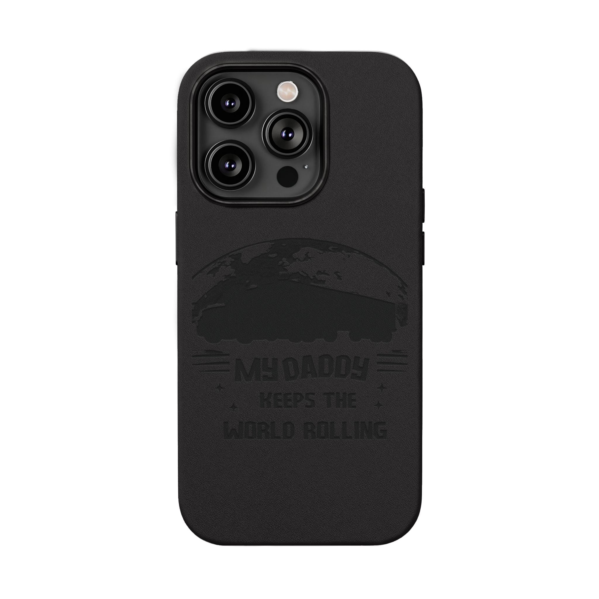 Engraved PU Leather Phone Case — 'Mhdaddy Keeps the World Rolling' Vintage Van Design