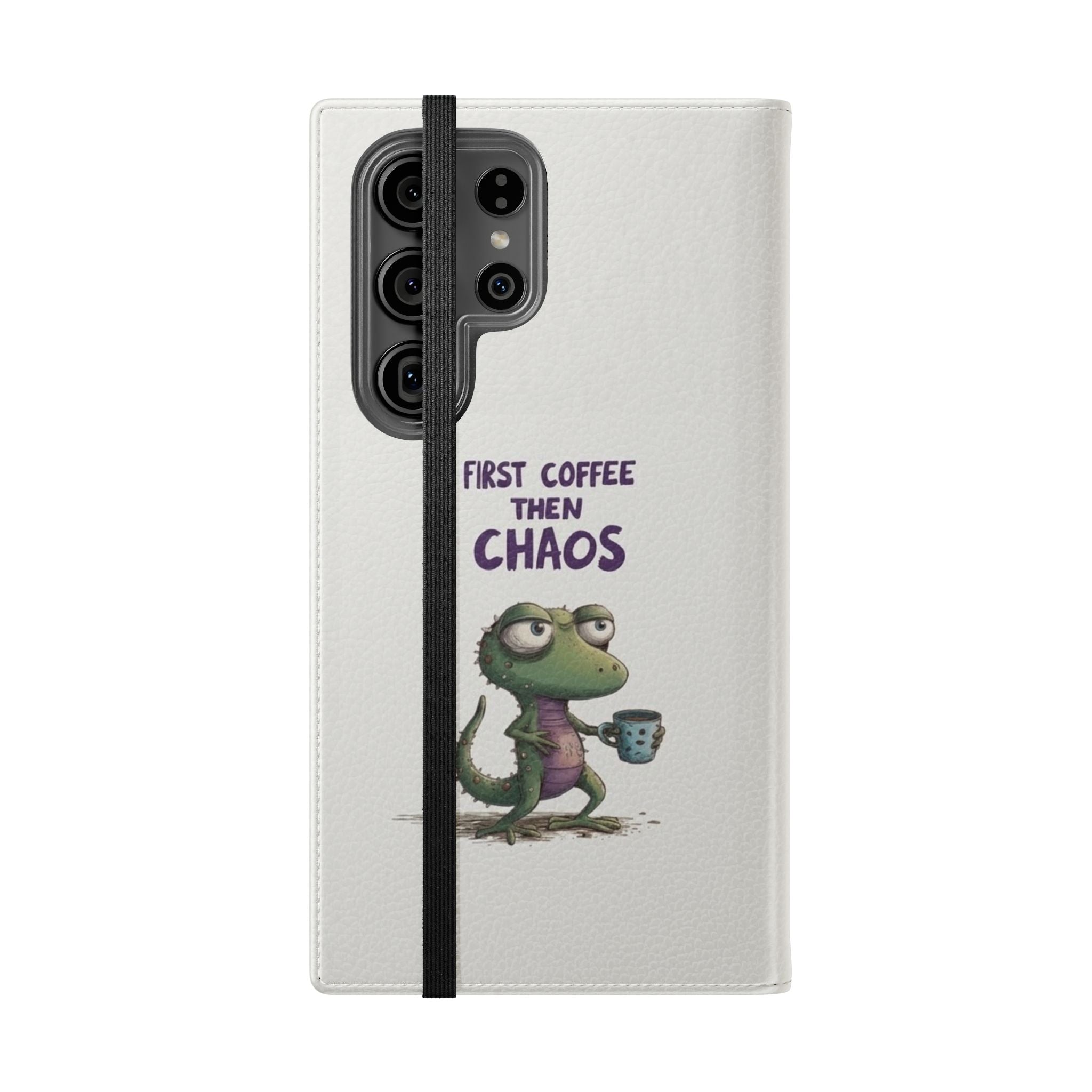 Flip Case — "First Coffee Then Chaos" Cute Dino Phone Wallet