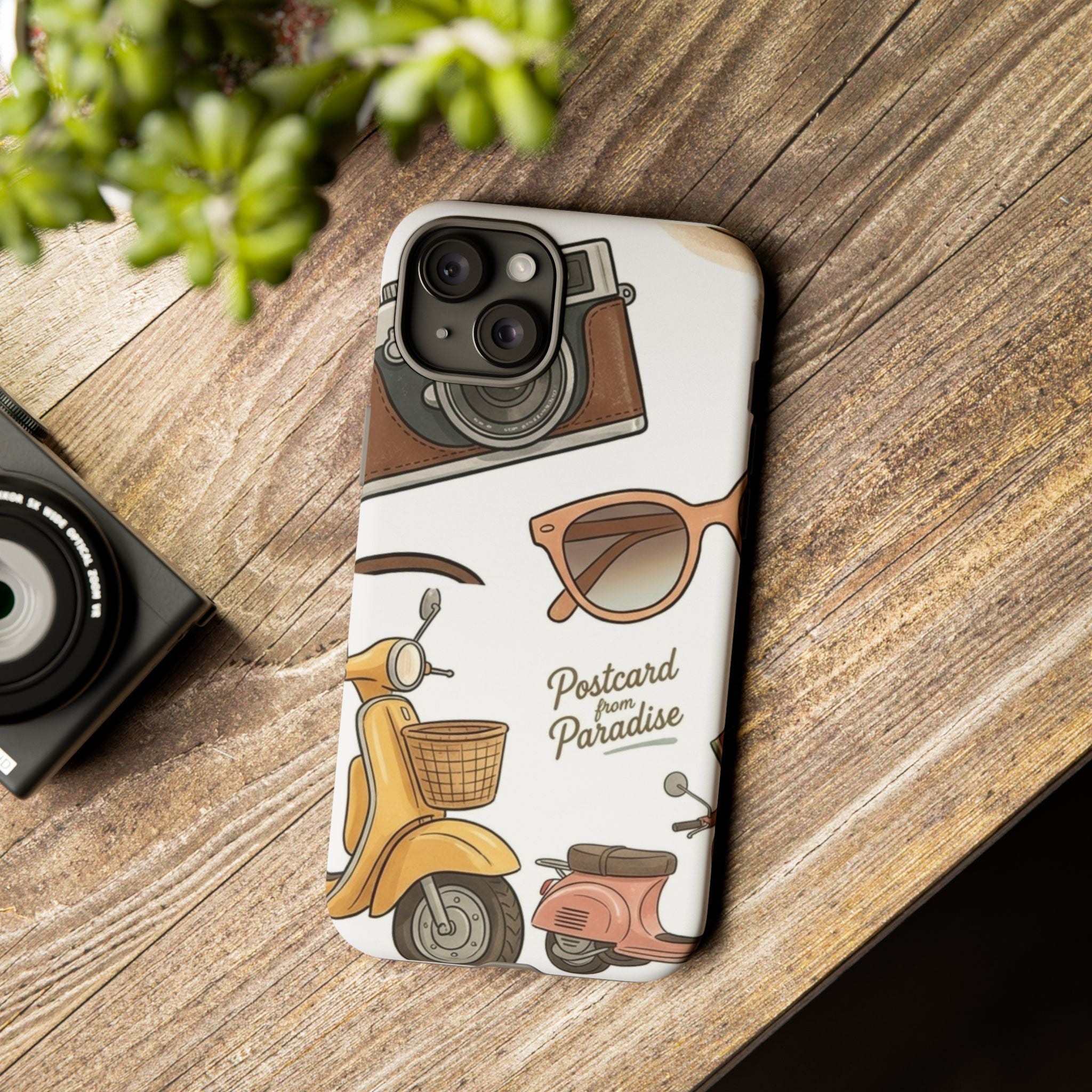 Vintage Summer Beach Phone Case — Feminine Travel Pattern with Cameras, Sunglasses & Scooter