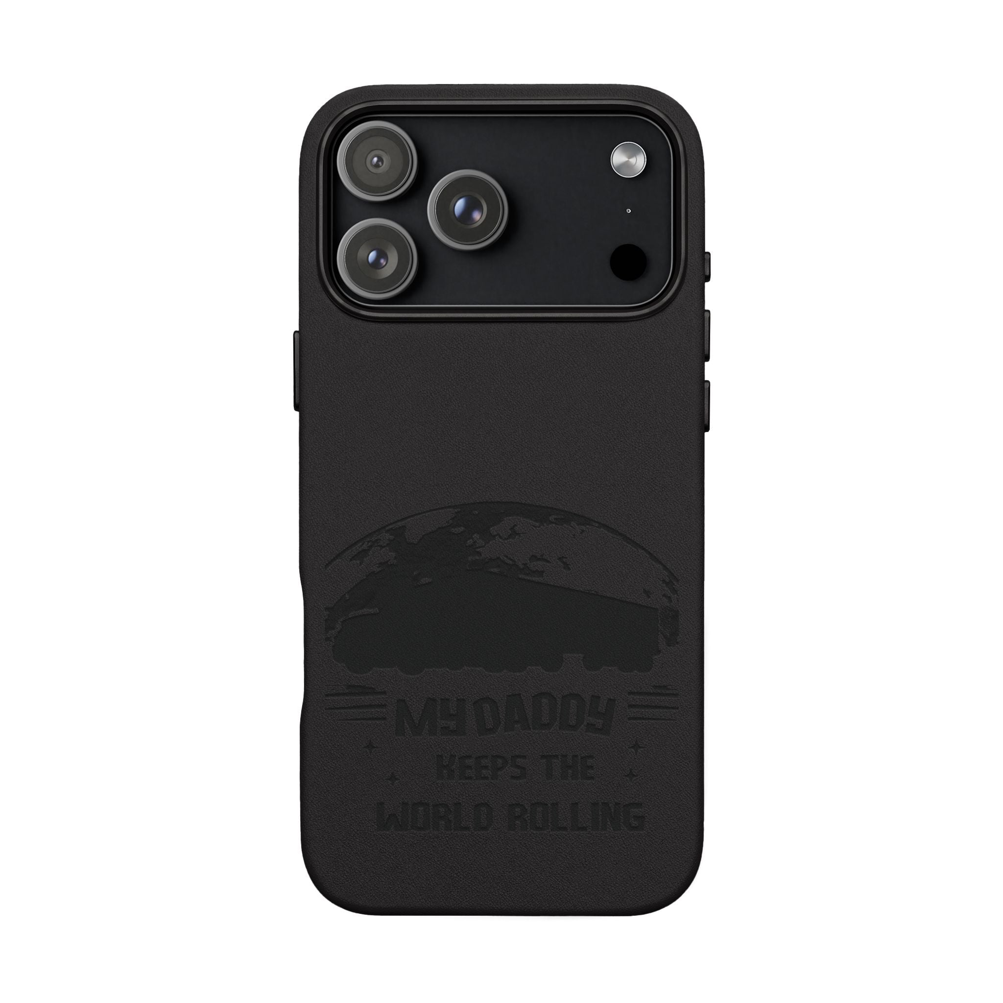 Engraved PU Leather Phone Case — 'Mhdaddy Keeps the World Rolling' Vintage Van Design