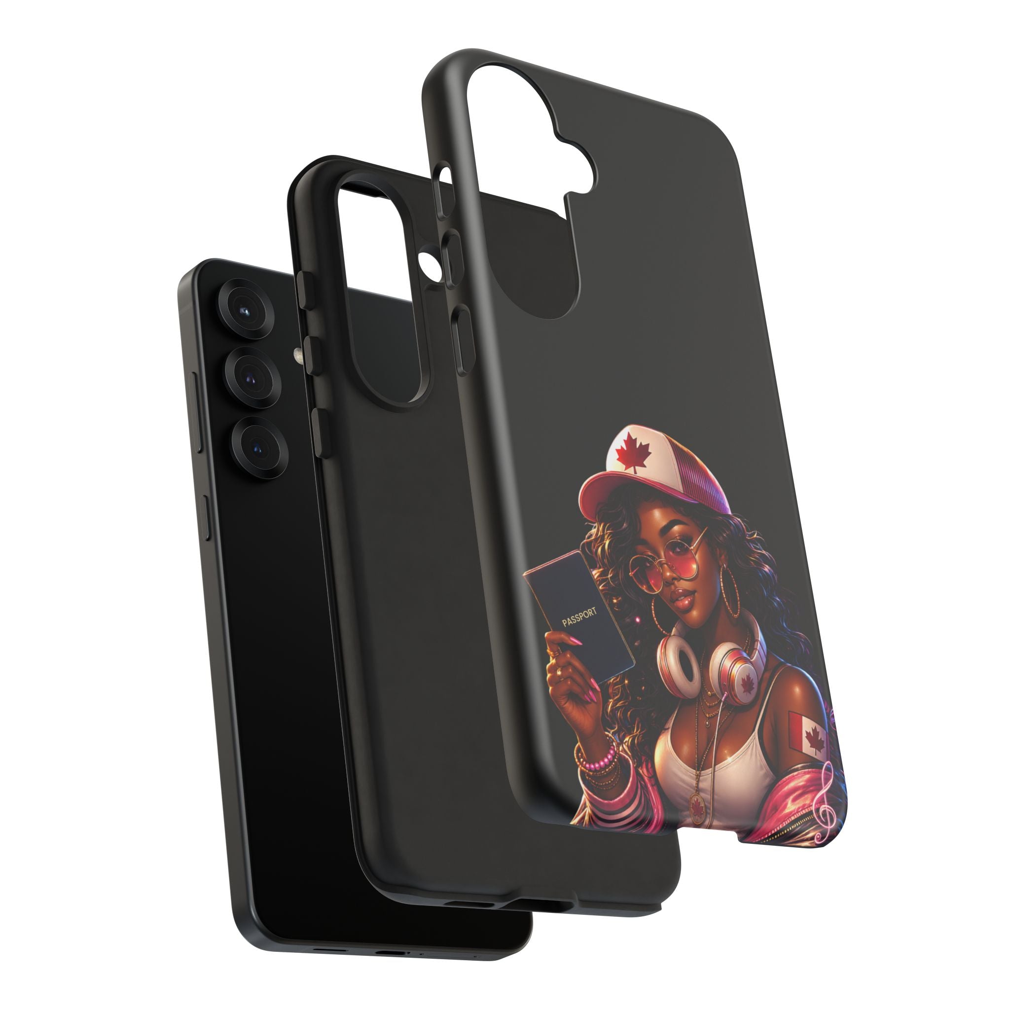 Canadian Vibes Phone Case — Afrobeat Girl with Headphones & Passport Design