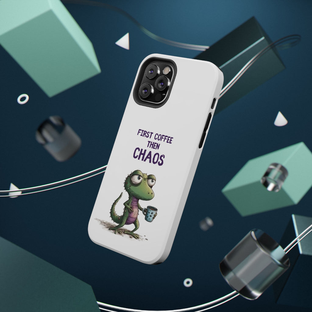 Impact-Resistant Phone Case — "First Coffee Then Chaos" Cute Lizard Coffee Design