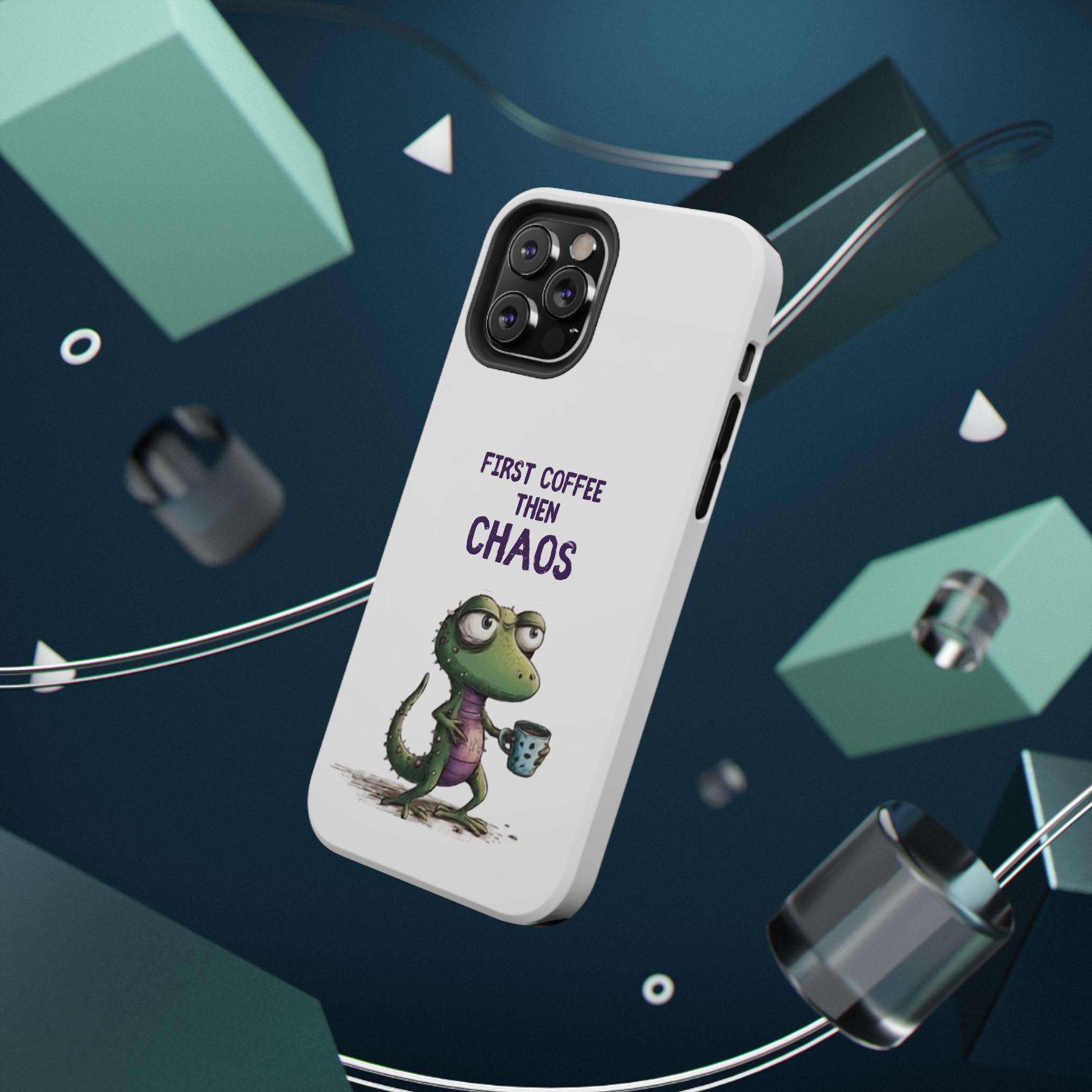 Impact-Resistant Phone Case — "First Coffee Then Chaos" Cute Lizard Coffee Design