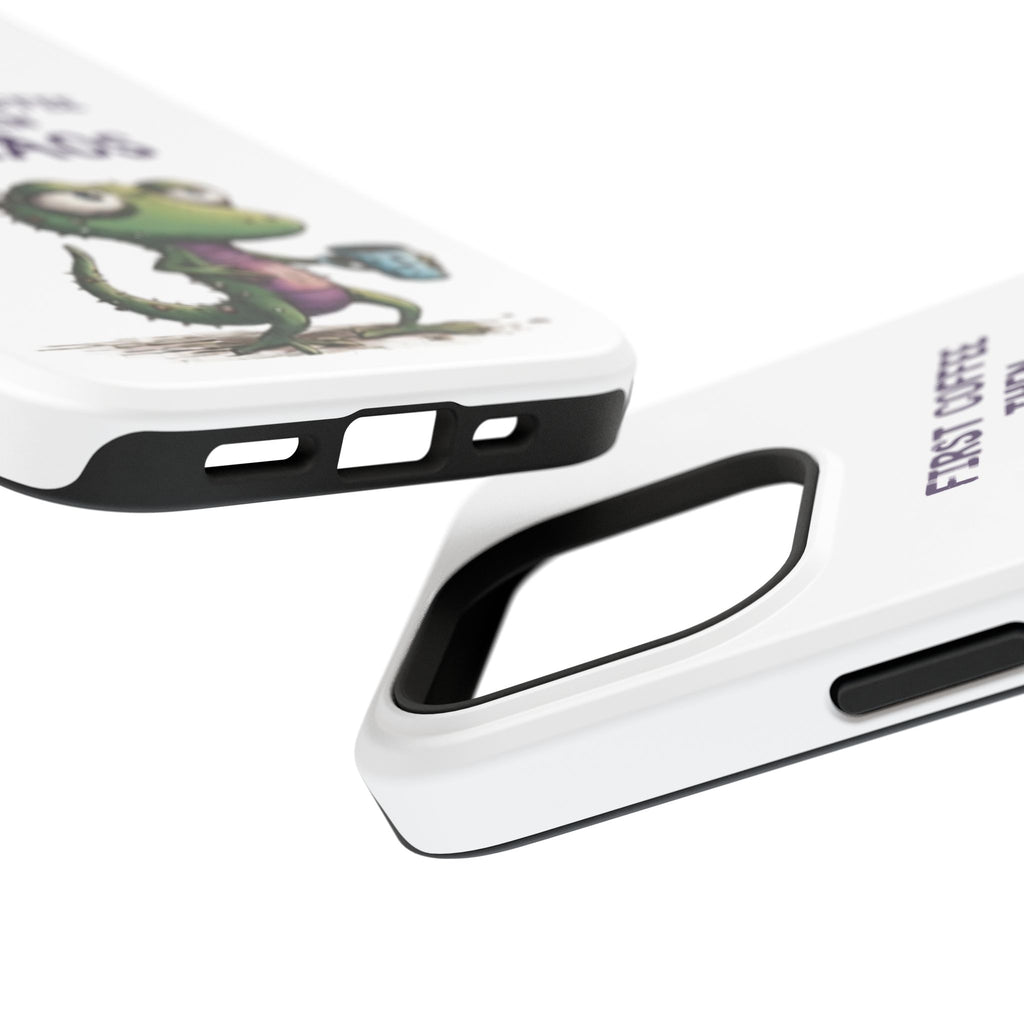 Impact-Resistant Phone Case — "First Coffee Then Chaos" Cute Lizard Coffee Design