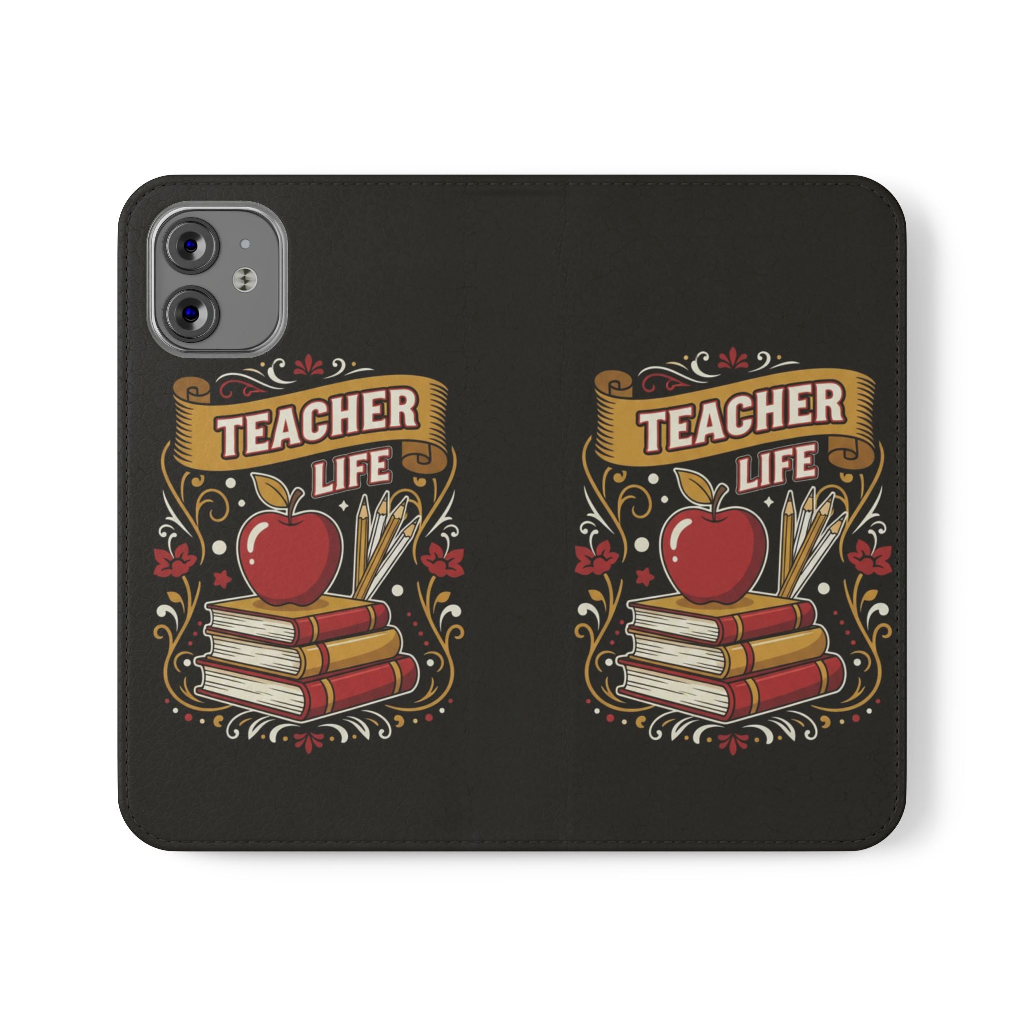 Teacher Life Flip Phone Case – Wallet Folio with Apple & Books Design