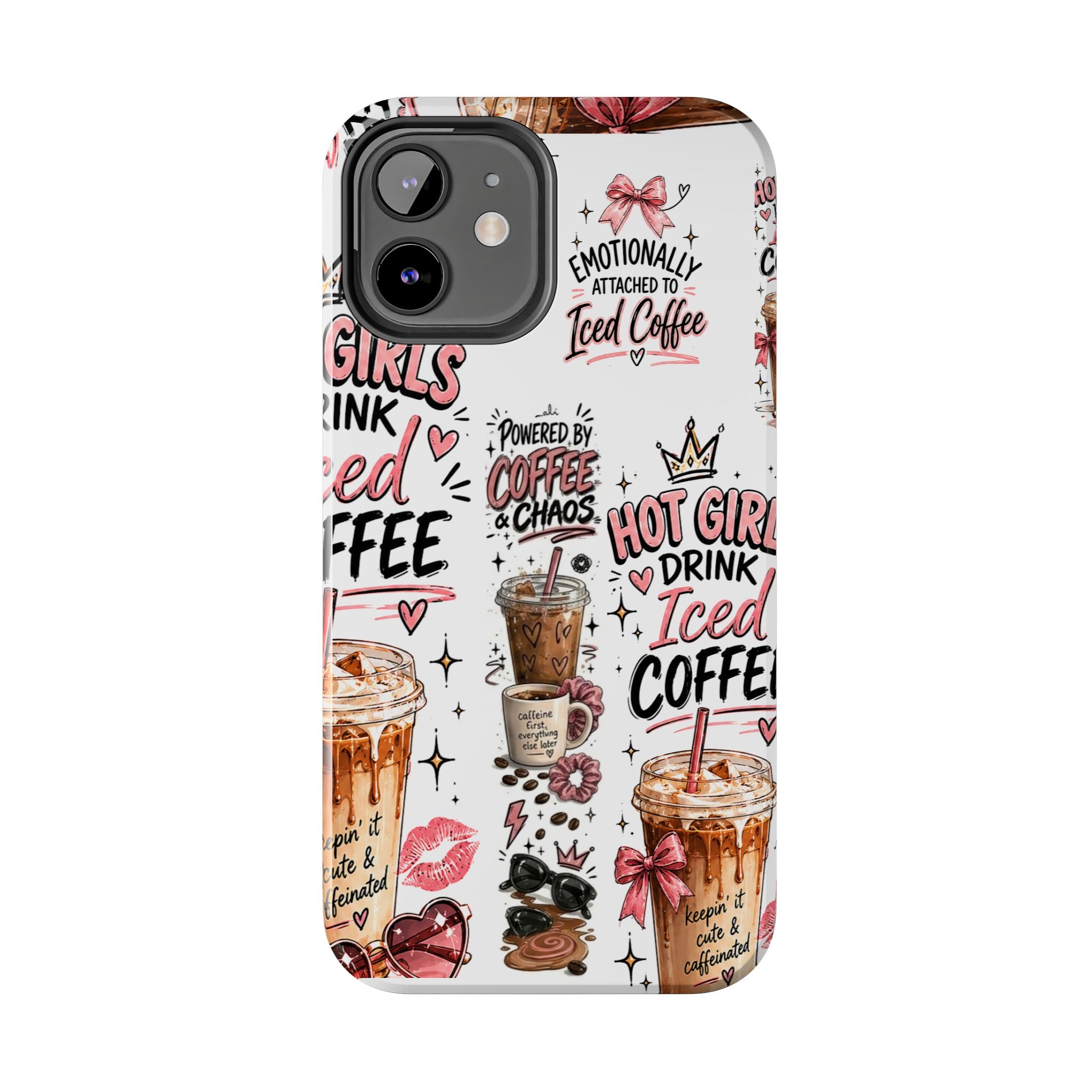 Iced Coffee Pattern Phone Case – "Powered by Coffee & Chaos" Tough Protective Case