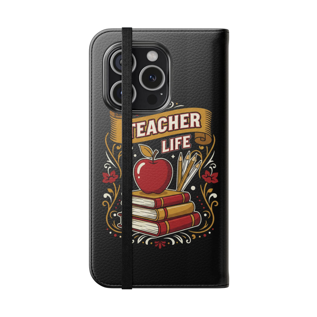 Teacher Life Flip Phone Case – Wallet Folio with Apple & Books Design