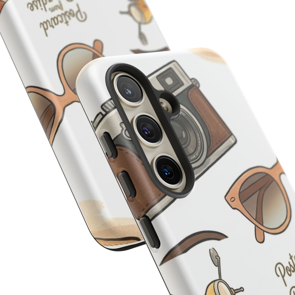 Vintage Summer Beach Phone Case — Feminine Travel Pattern with Cameras, Sunglasses & Scooter