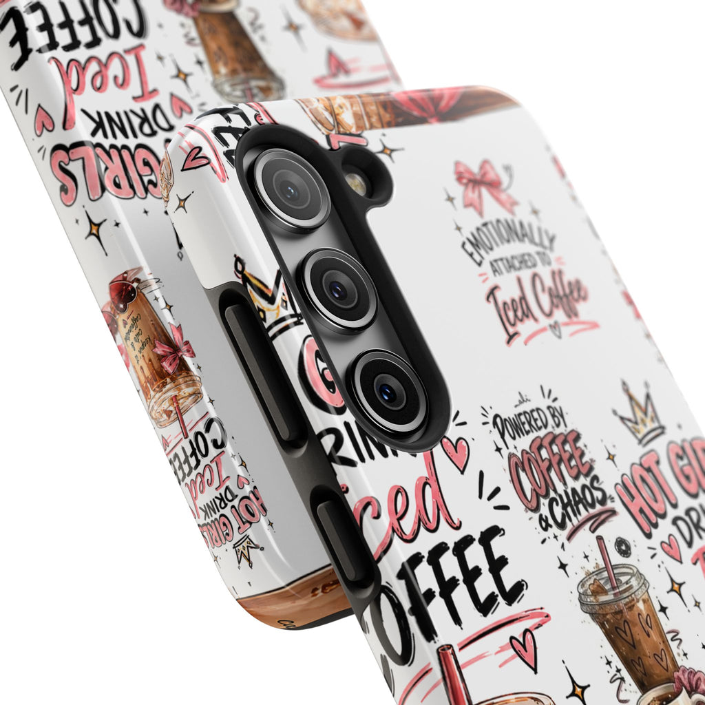 Iced Coffee Pattern Phone Case – "Powered by Coffee & Chaos" Tough Protective Case