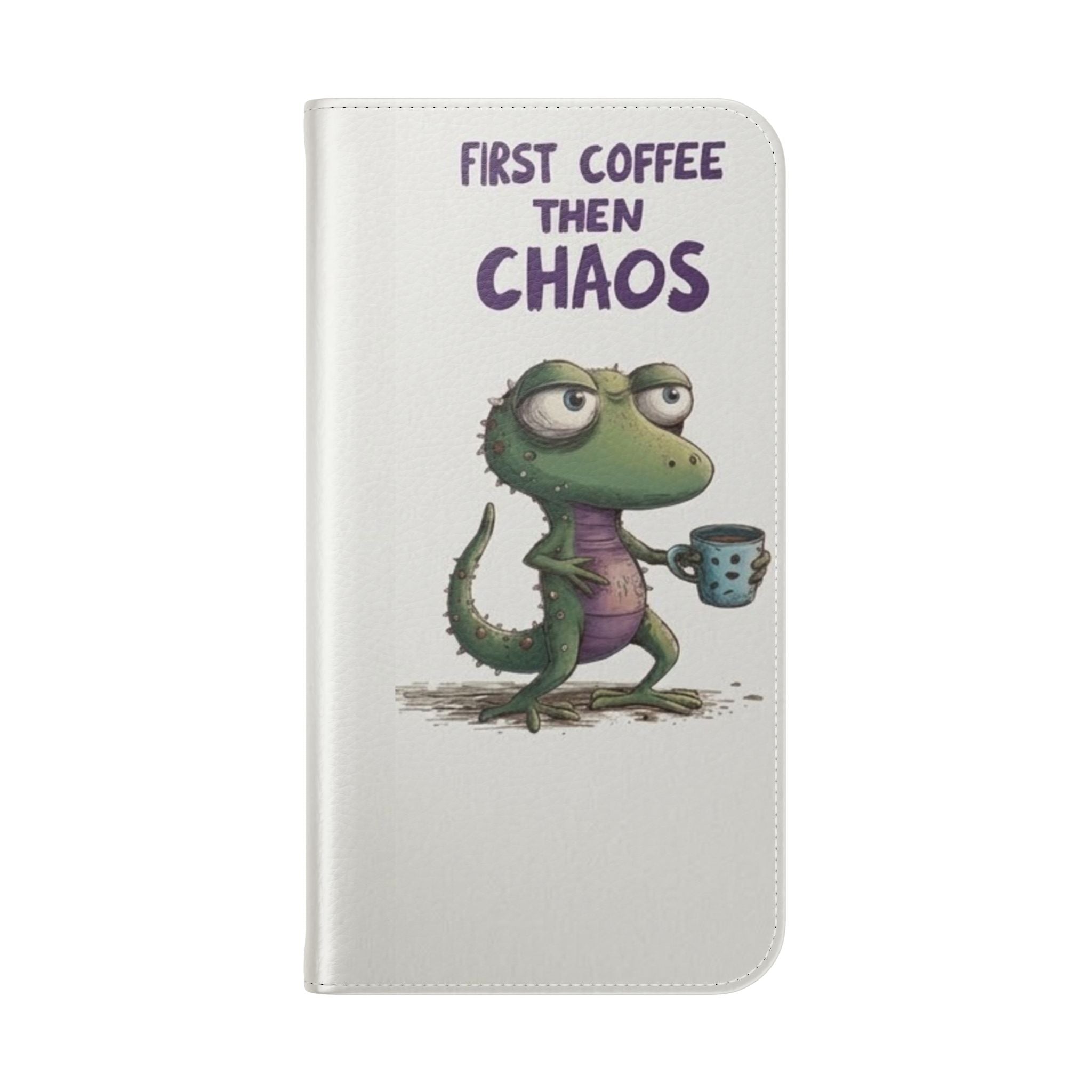Flip Case — "First Coffee Then Chaos" Cute Dino Phone Wallet