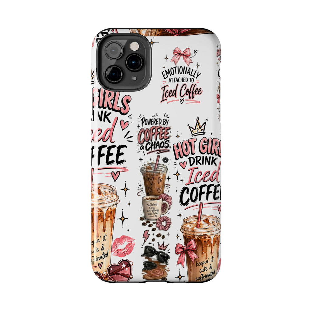 Iced Coffee Pattern Phone Case – "Powered by Coffee & Chaos" Tough Protective Case