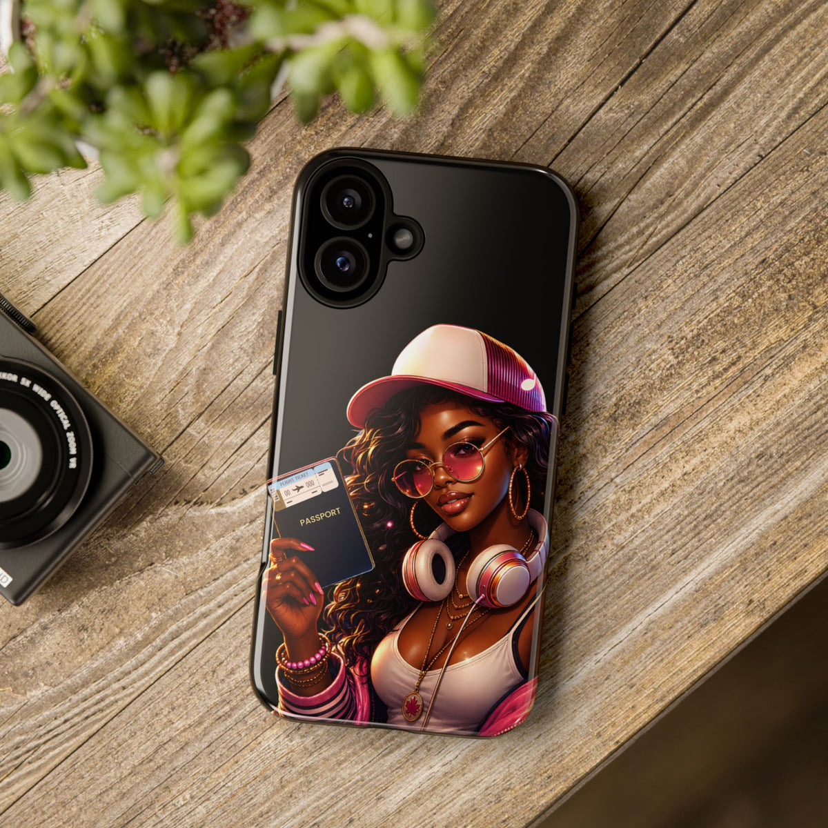 Tough Case – Stylized Urban Girl Phone Case with Headphones & Passport