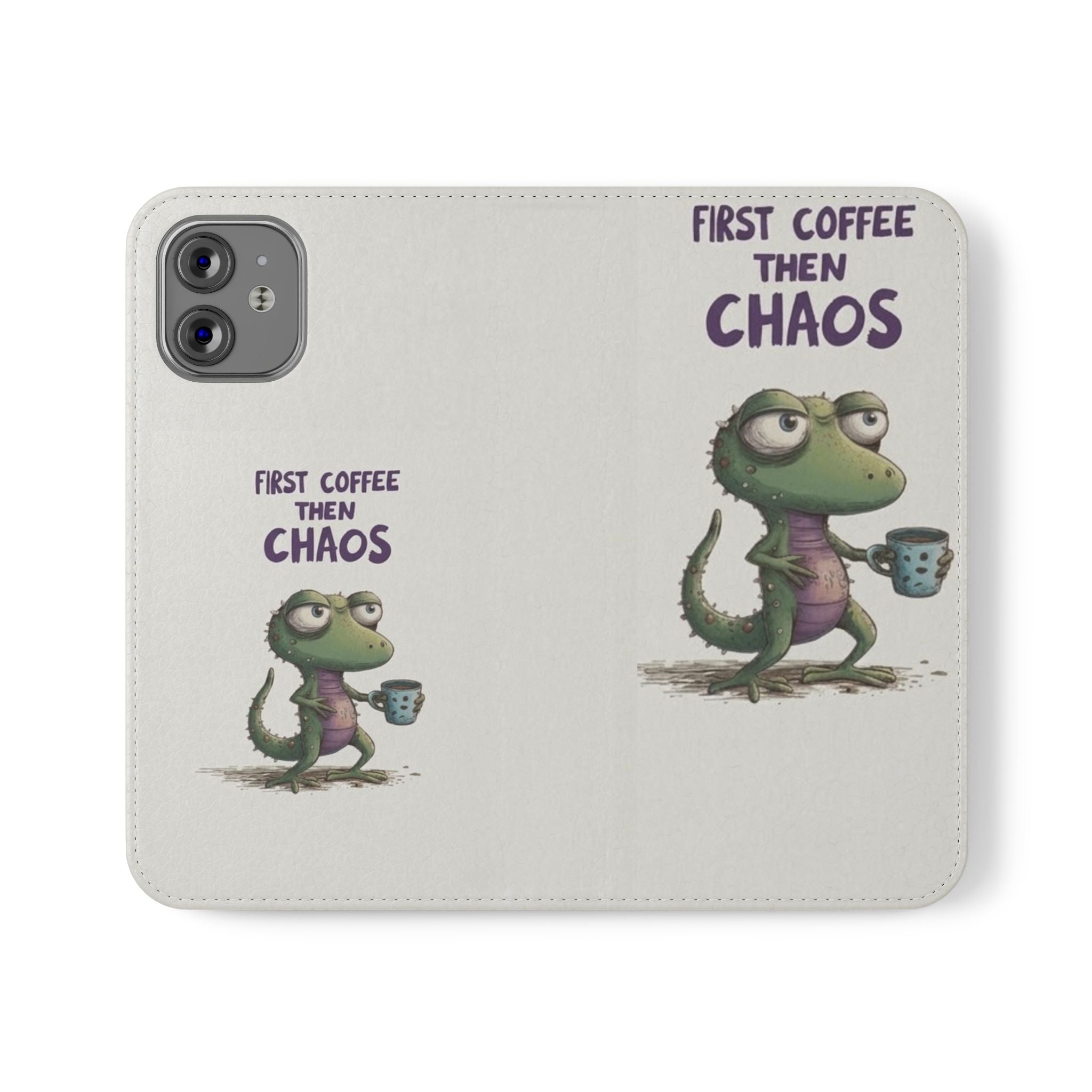 Flip Case — "First Coffee Then Chaos" Cute Dino Phone Wallet