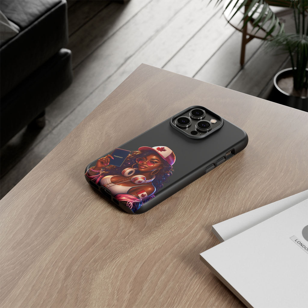 Canadian Vibes Phone Case — Afrobeat Girl with Headphones & Passport Design