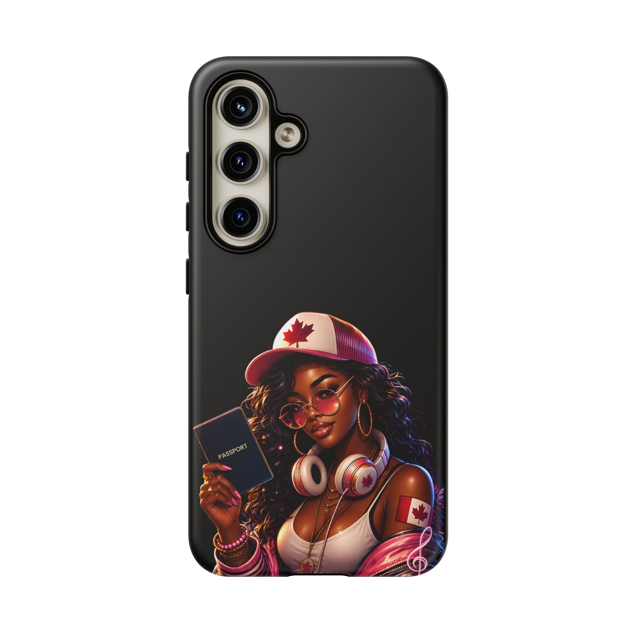 Canadian Vibes Phone Case — Afrobeat Girl with Headphones & Passport Design