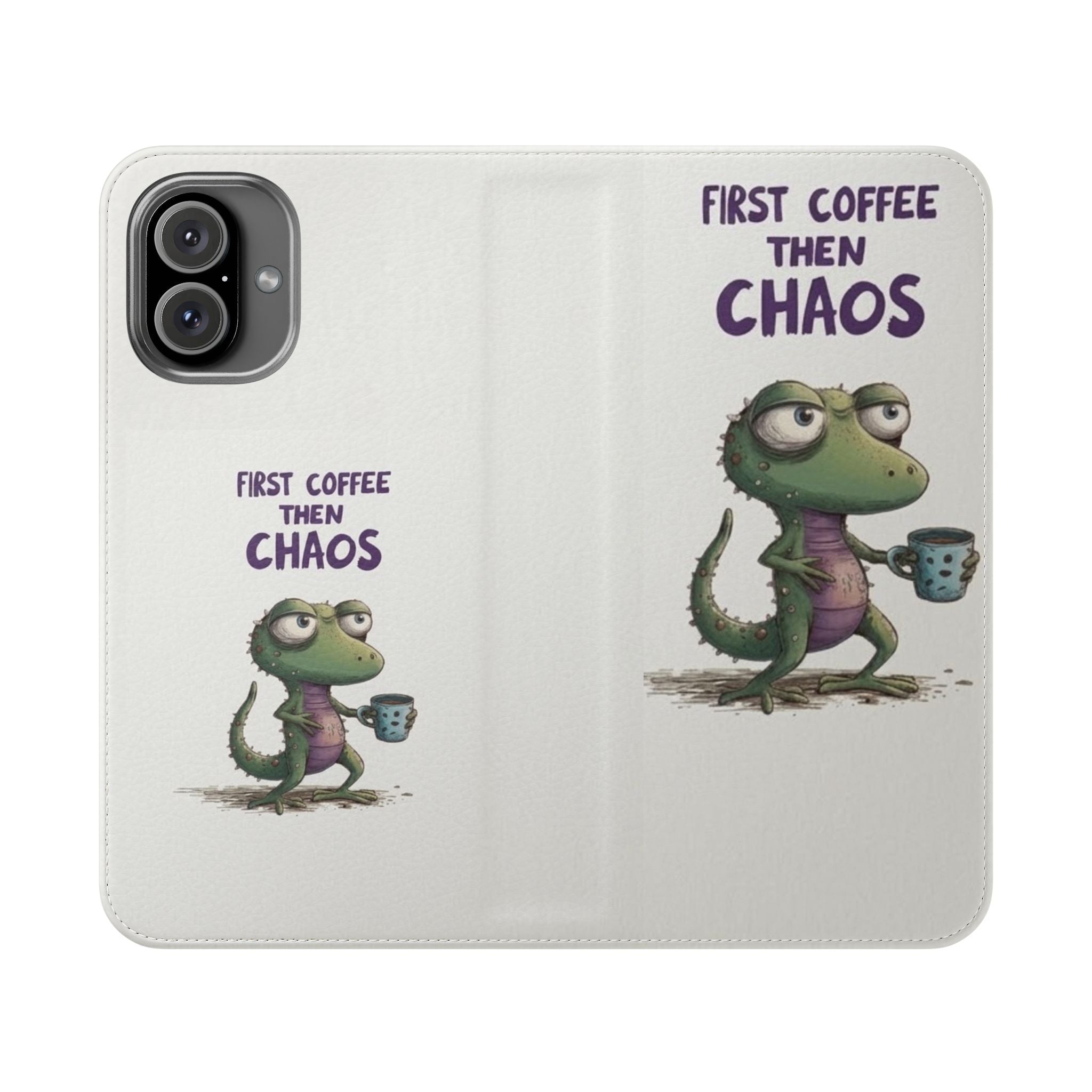 Flip Case — "First Coffee Then Chaos" Cute Dino Phone Wallet