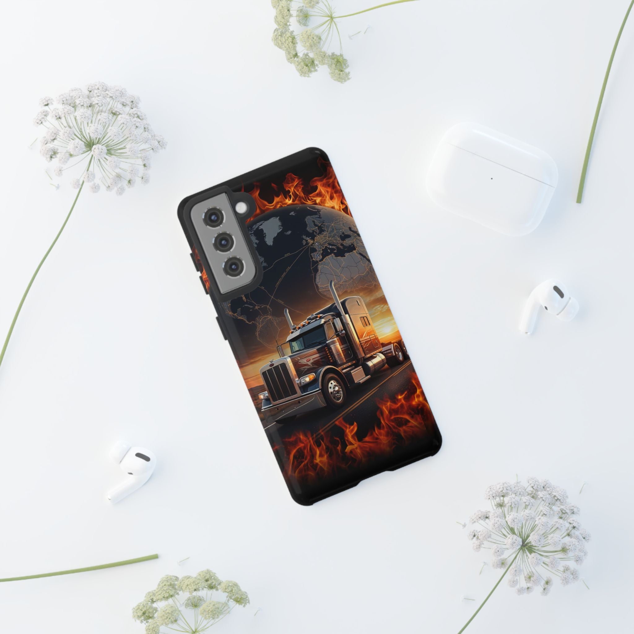Truck Flames Phone Case — Bold Semi-Truck Globe Design