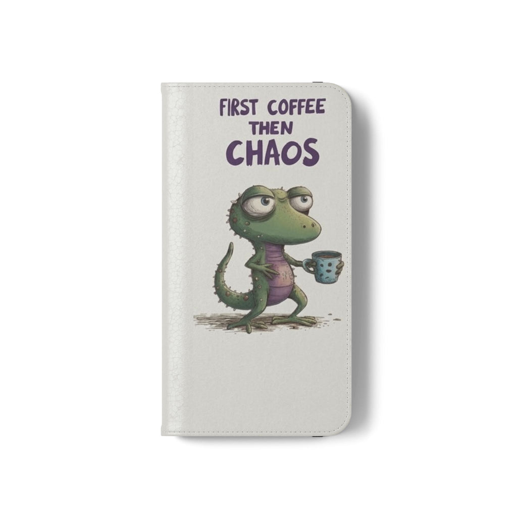 Flip Case — "First Coffee Then Chaos" Cute Dino Phone Wallet