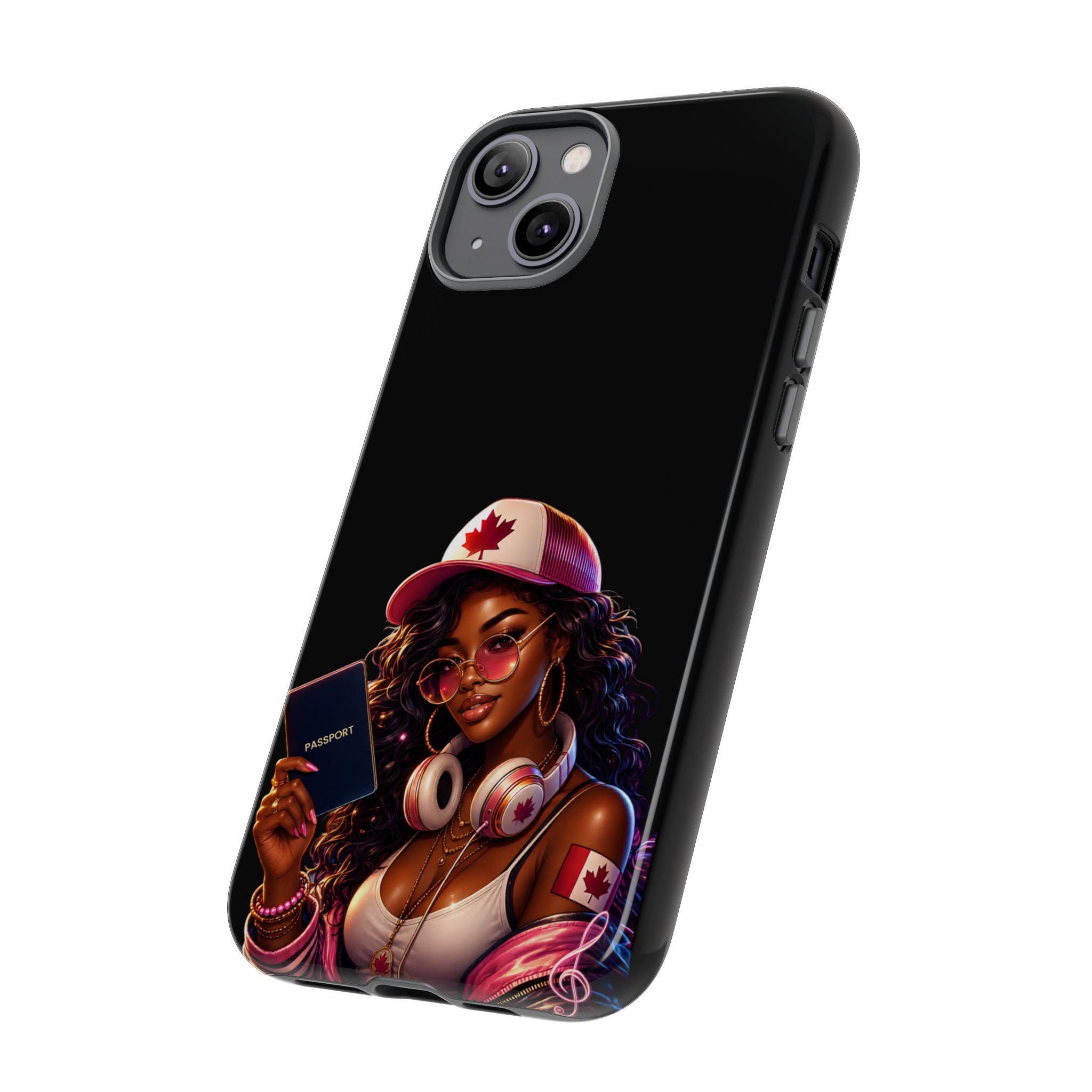Canadian Vibes Phone Case — Afrobeat Girl with Headphones & Passport Design