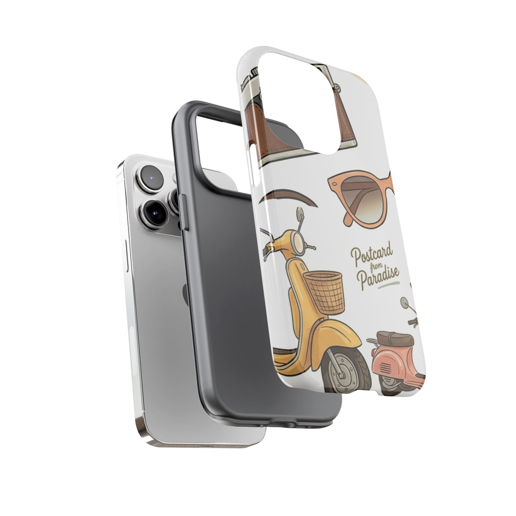 Vintage Summer Beach Phone Case — Feminine Travel Pattern with Cameras, Sunglasses & Scooter